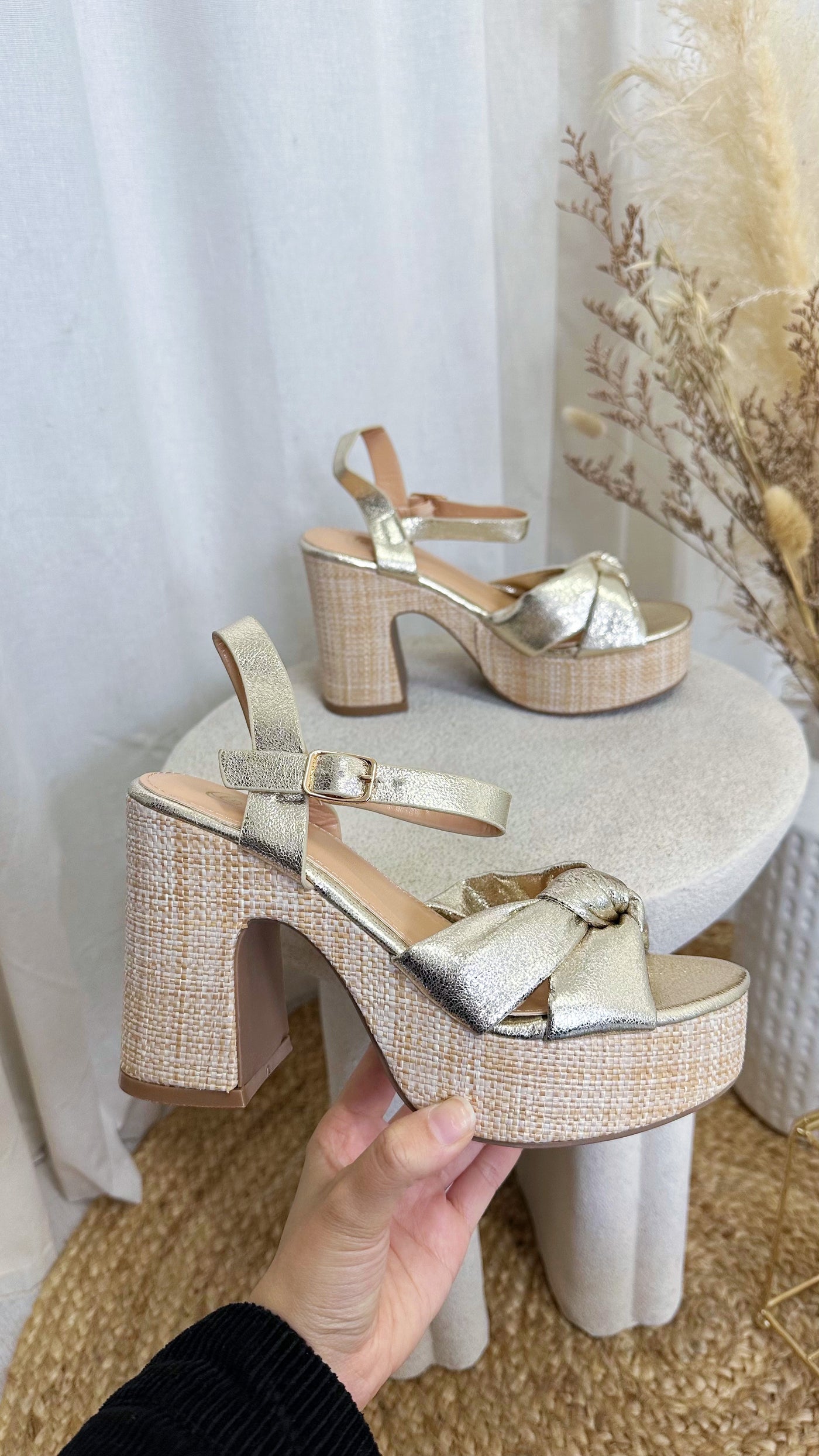 Woven Chunky Knot Heels - GOLD