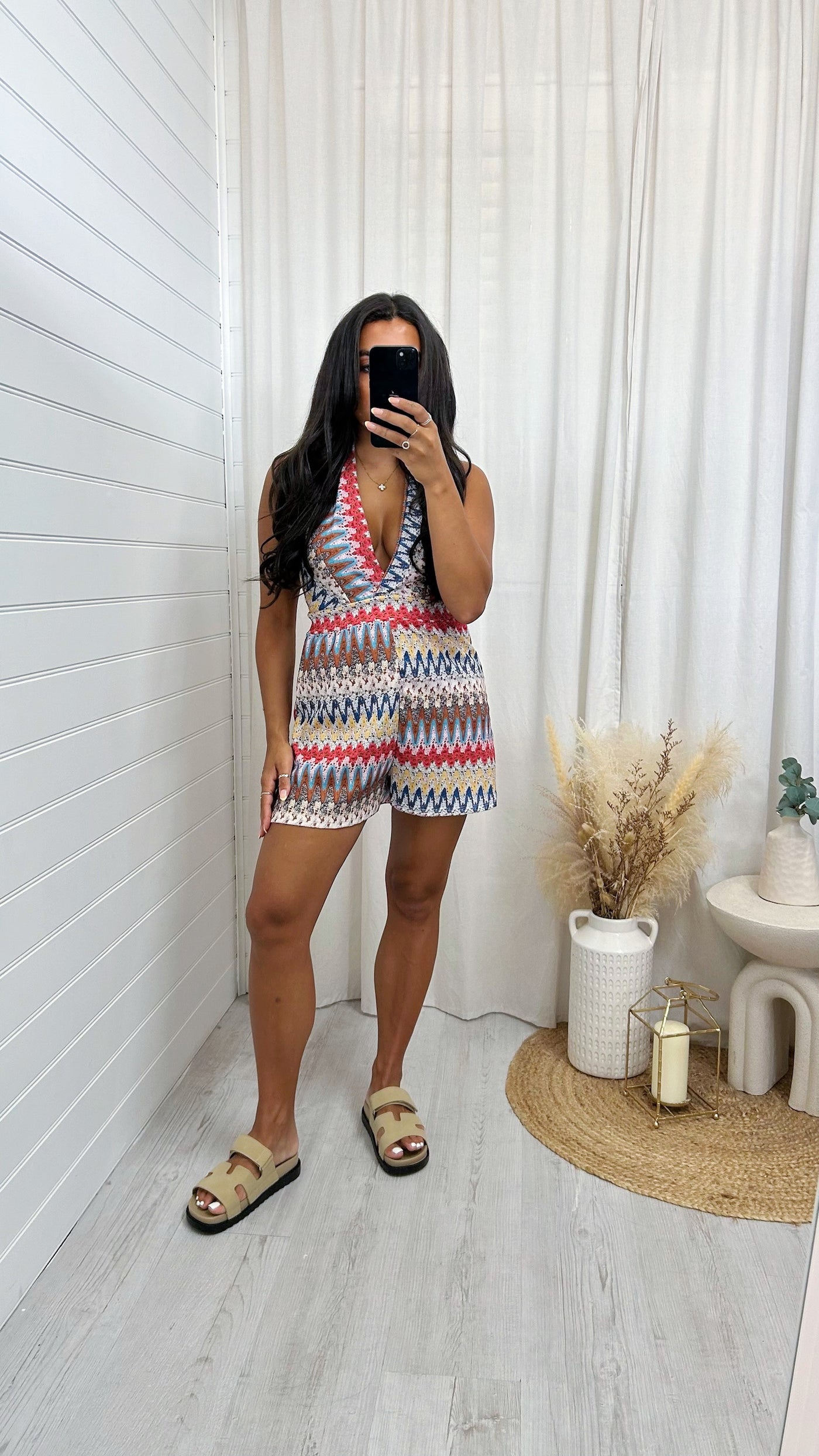 Aztec Halter Neck Playsuit - RED/BROWN