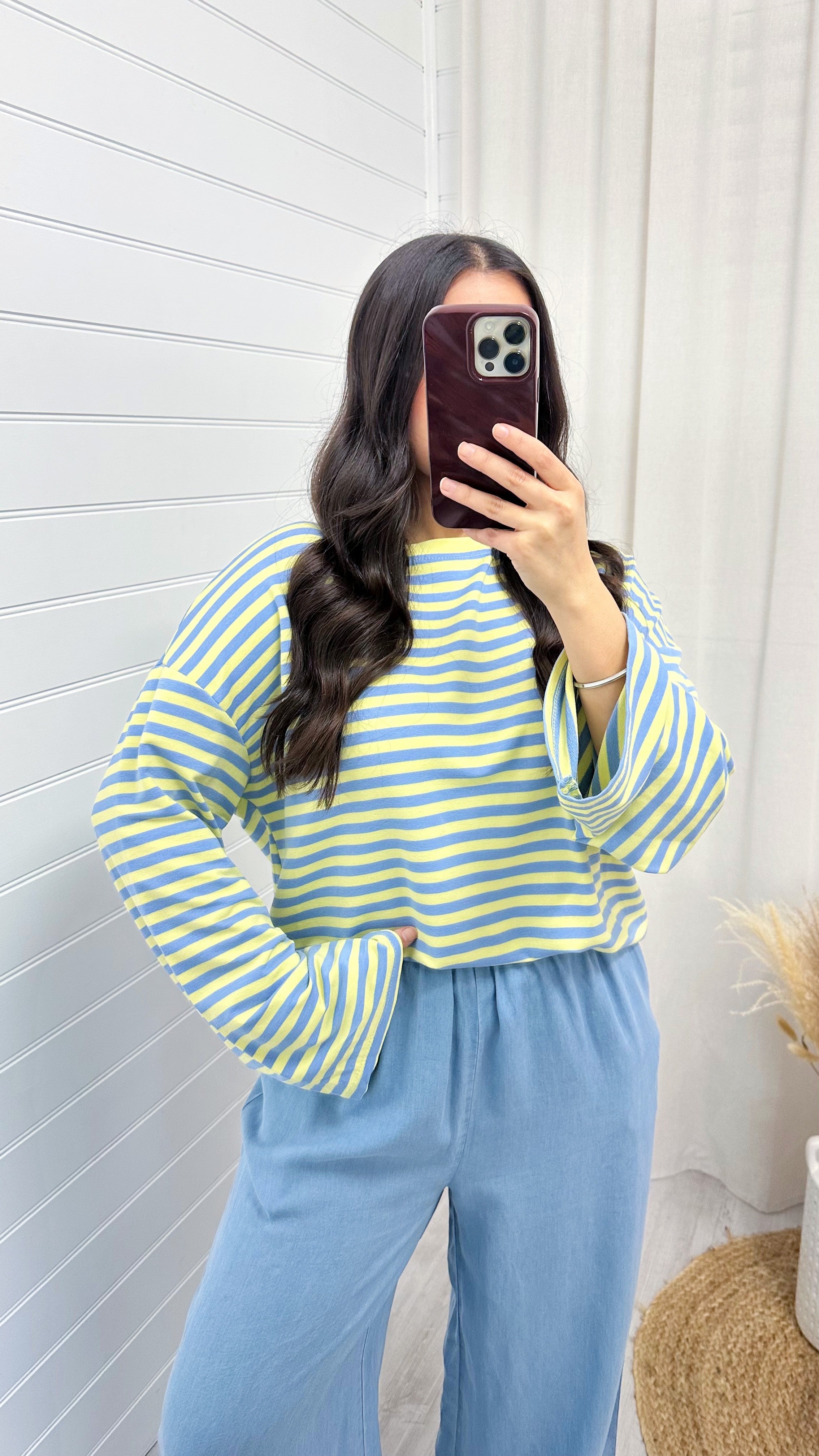 Baggy Stripe Long Sleeve T-Shirt - BABY BLUE/LEMON