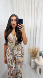 Shimmery Swirl Vest Top and Trousers Co-Ord - BEIGE