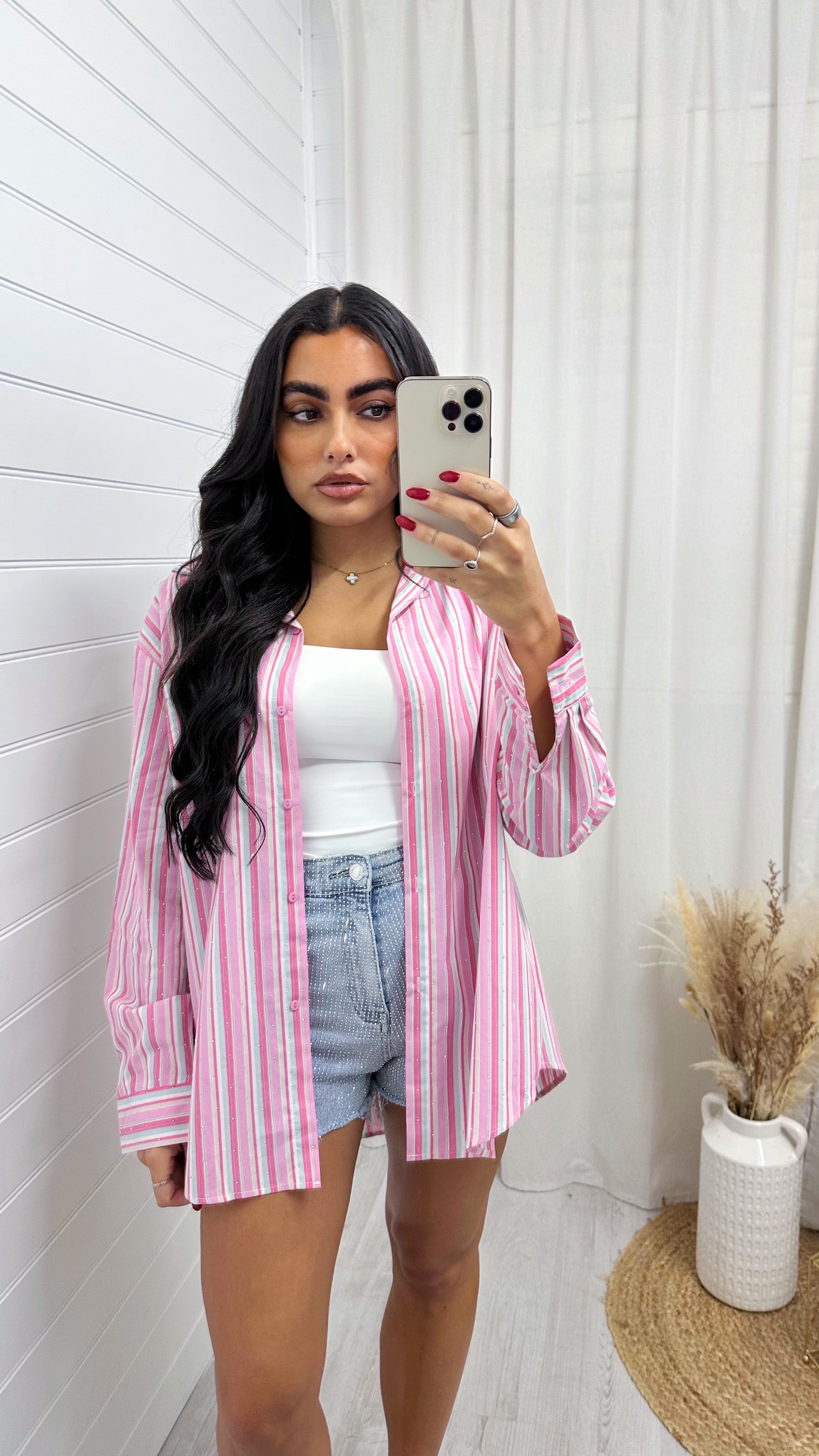 Multicolour Rhinestone Relaxed Shirt - PINK