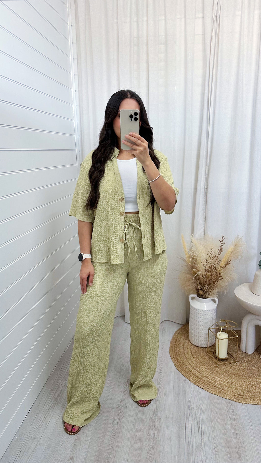 Cheesecloth Gold Button Shirt and Trousers Co-Ord - SAGE