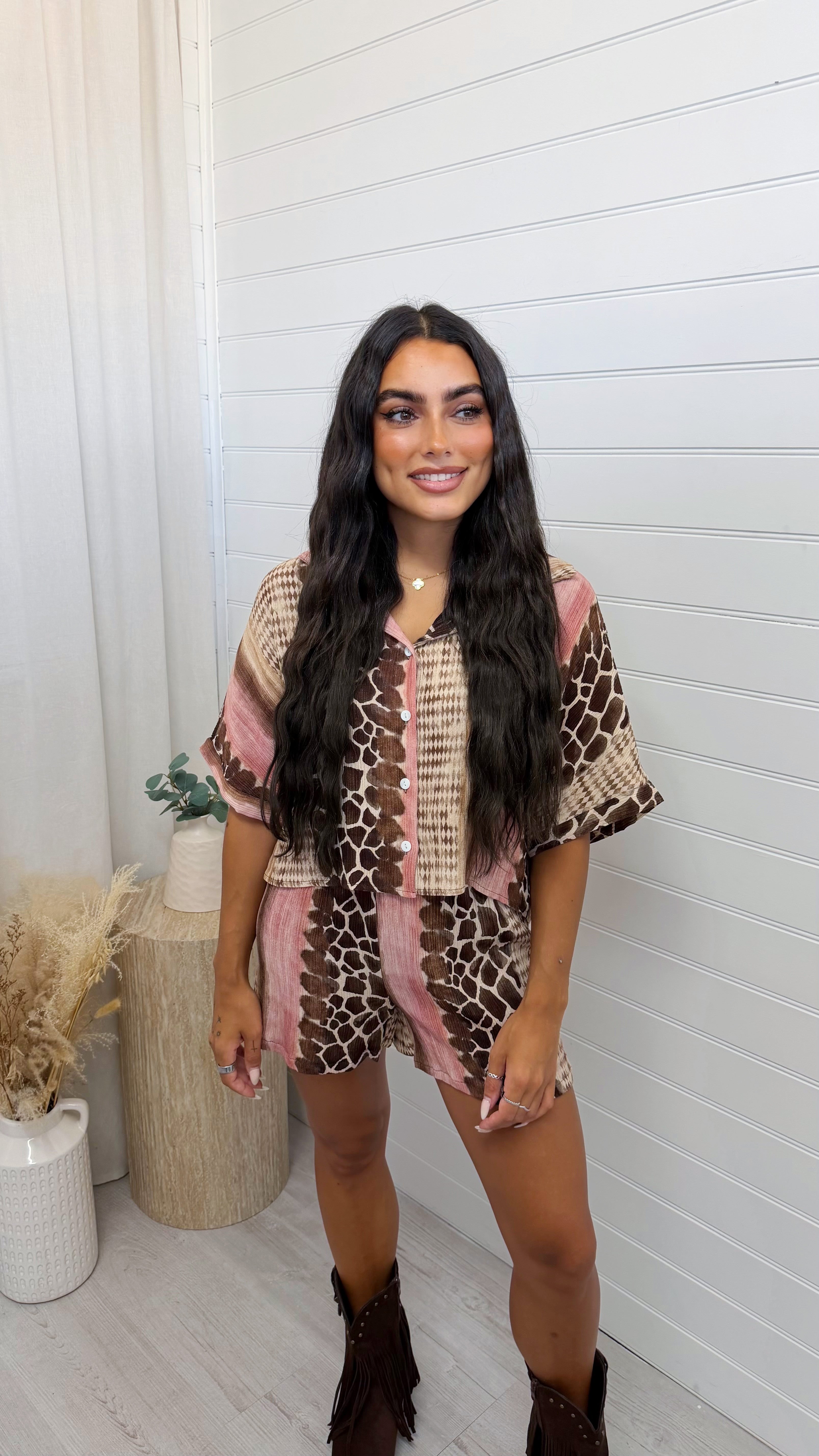 Reptile Print Crop Shirt and Shorts Co-Ord - PINK