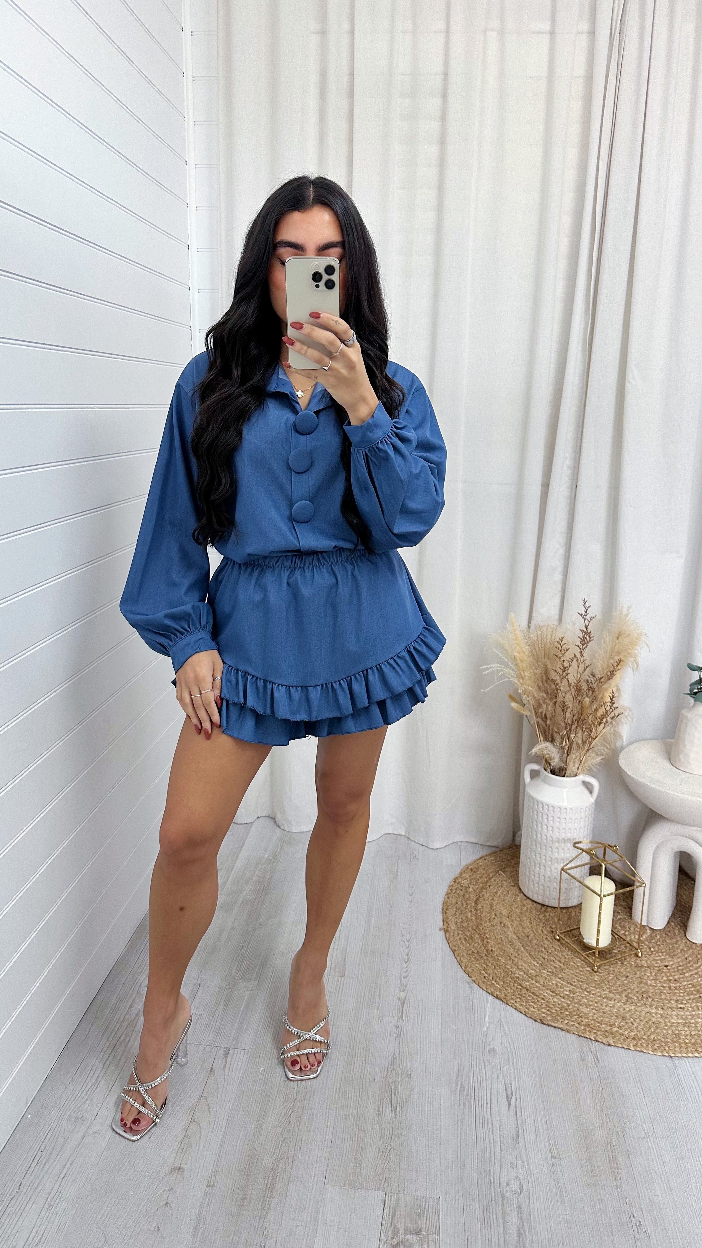 Chunky Button Shirt and Frill Skort Co-Ord - DARK DENIM BLUE