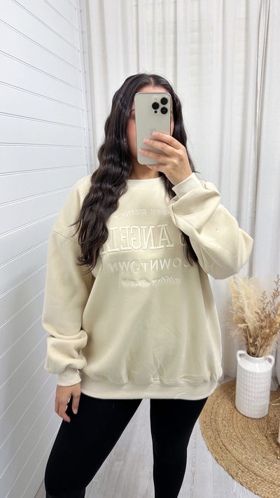 Los Angeles Embroidered Fleece Lined Sweatshirt - CREAM