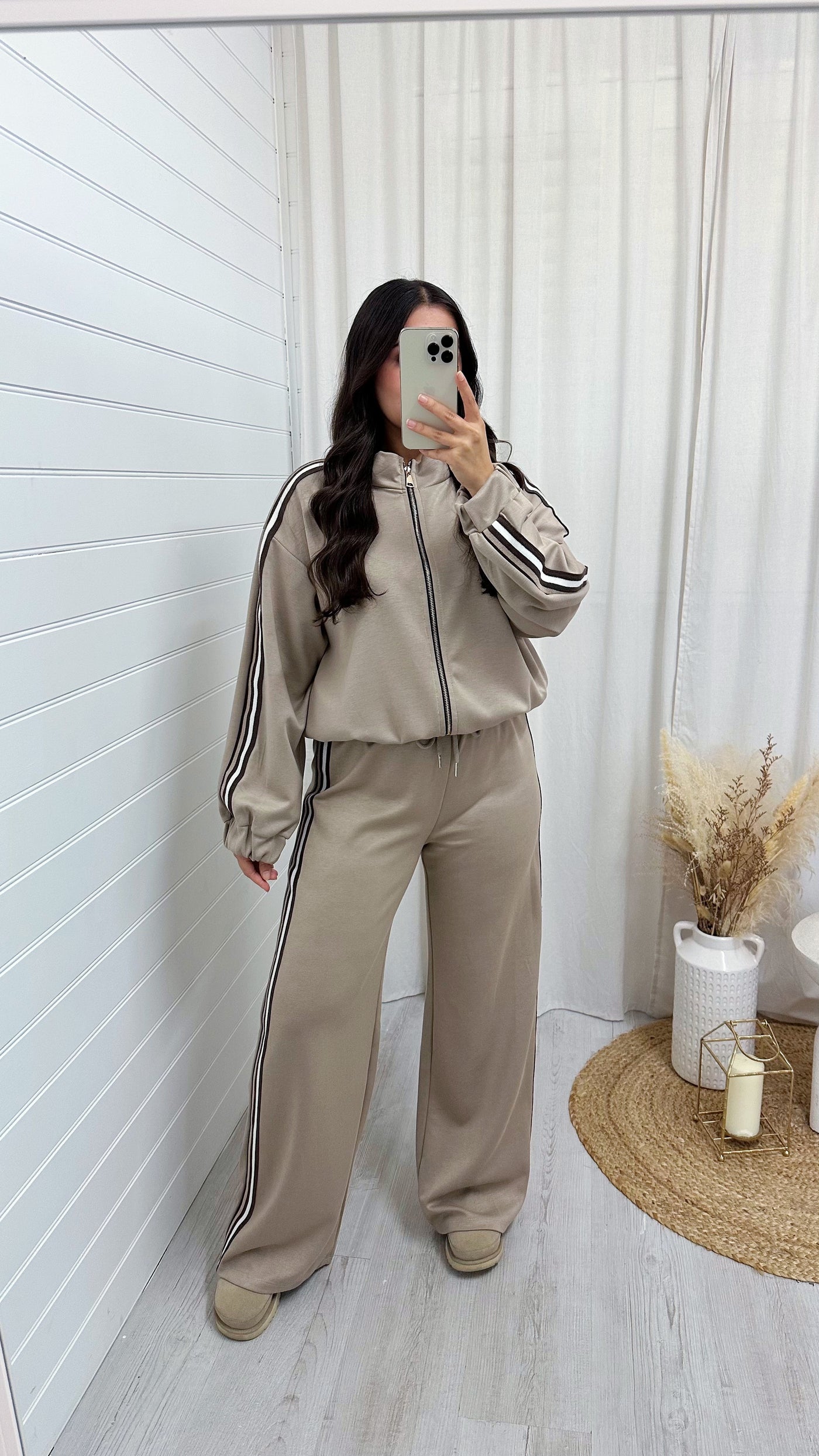 Side Stripe Bomber Jacket and Wide Leg Joggers Co-Ord - MOCHA