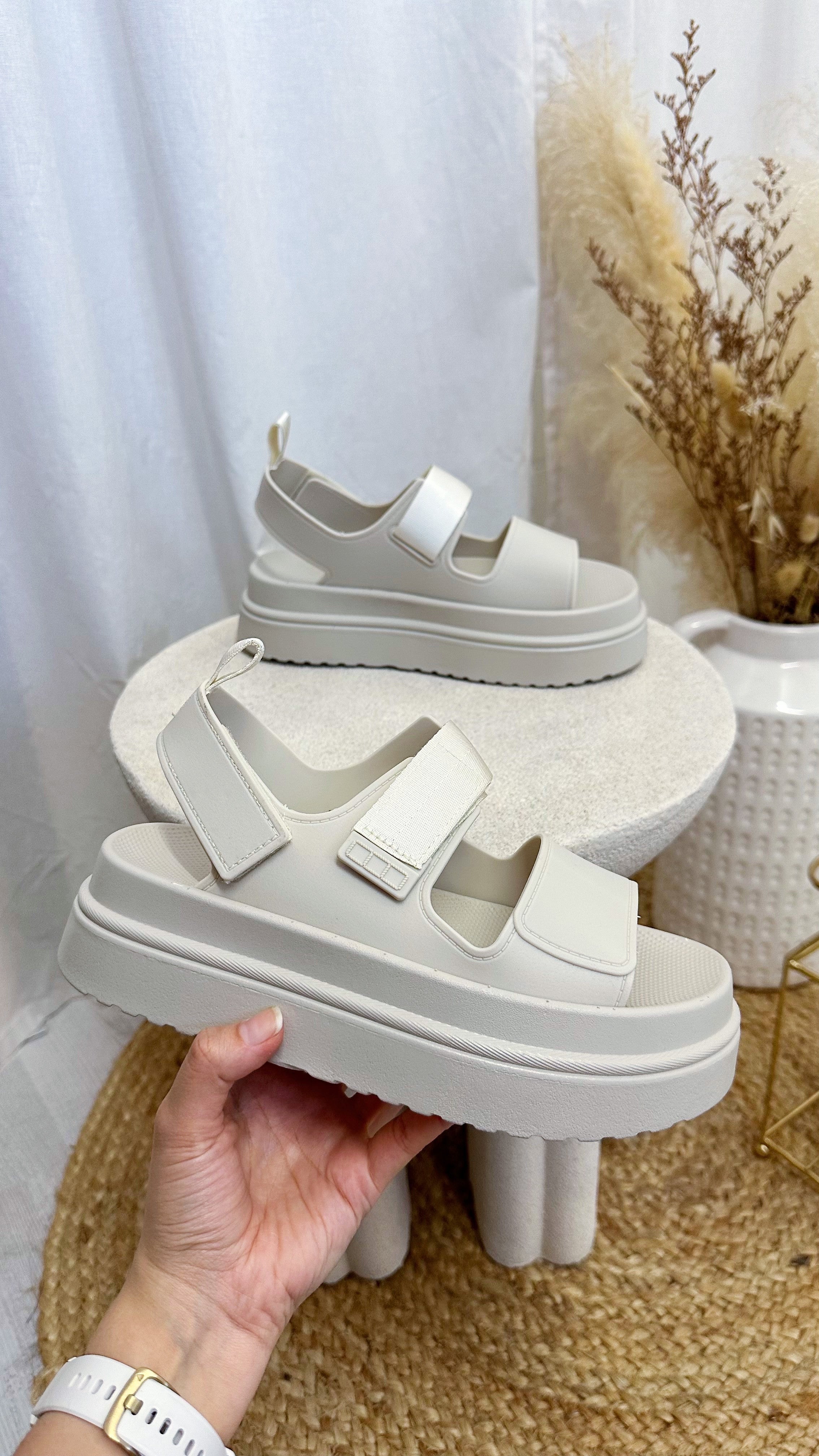 Chunky Velcro Strap Sandals - CREAM
