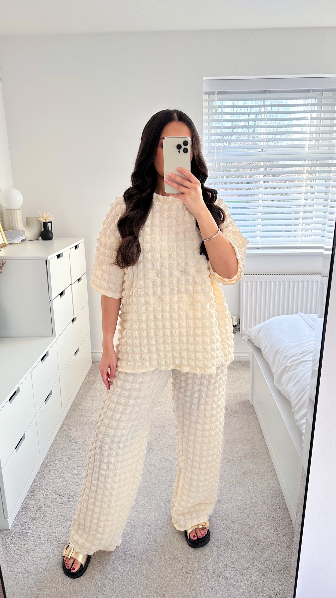 Cheesecloth Bubble Top and Trousers Co-Ord - BEIGE