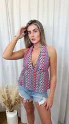 Crochet Halter Neck Peplum Top - PURPLE