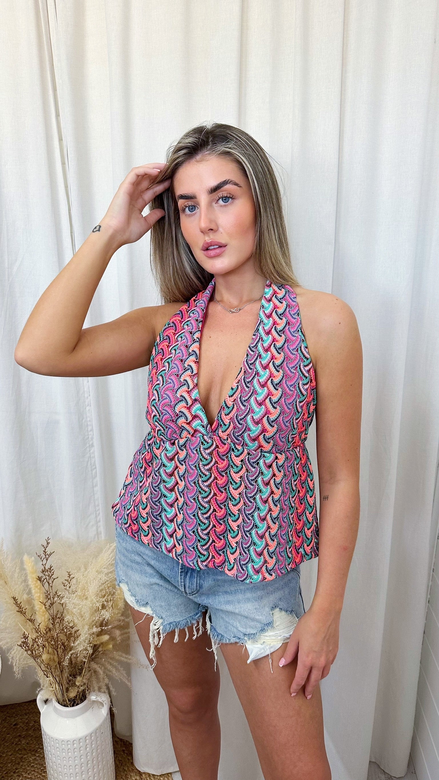 Crochet Halter Neck Peplum Top - PURPLE