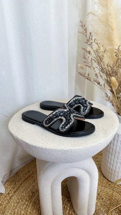 Crystal Diamante Sandals - BLACK
