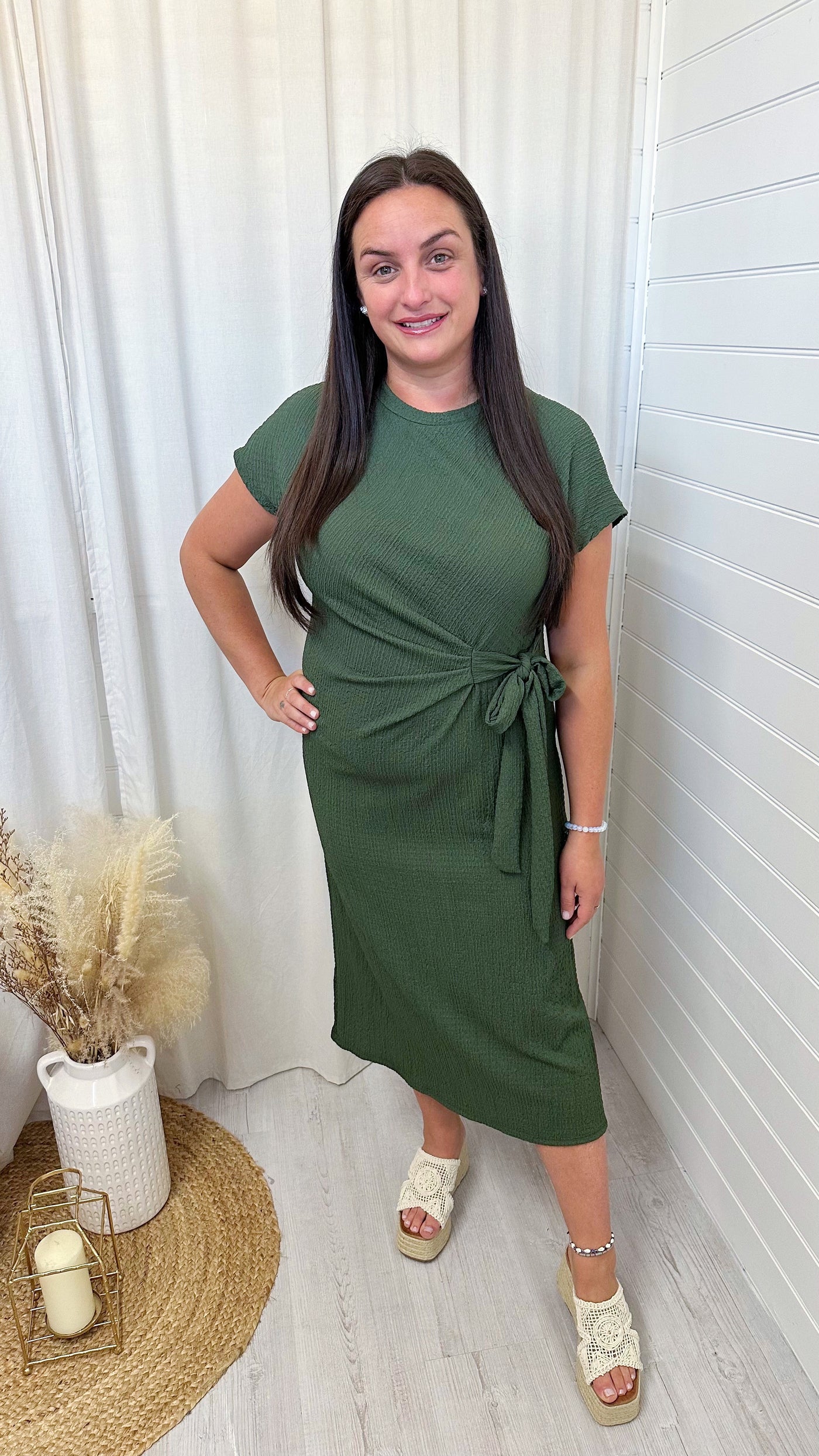 Cheesecloth Side Knot Midi Dress - KHAKI