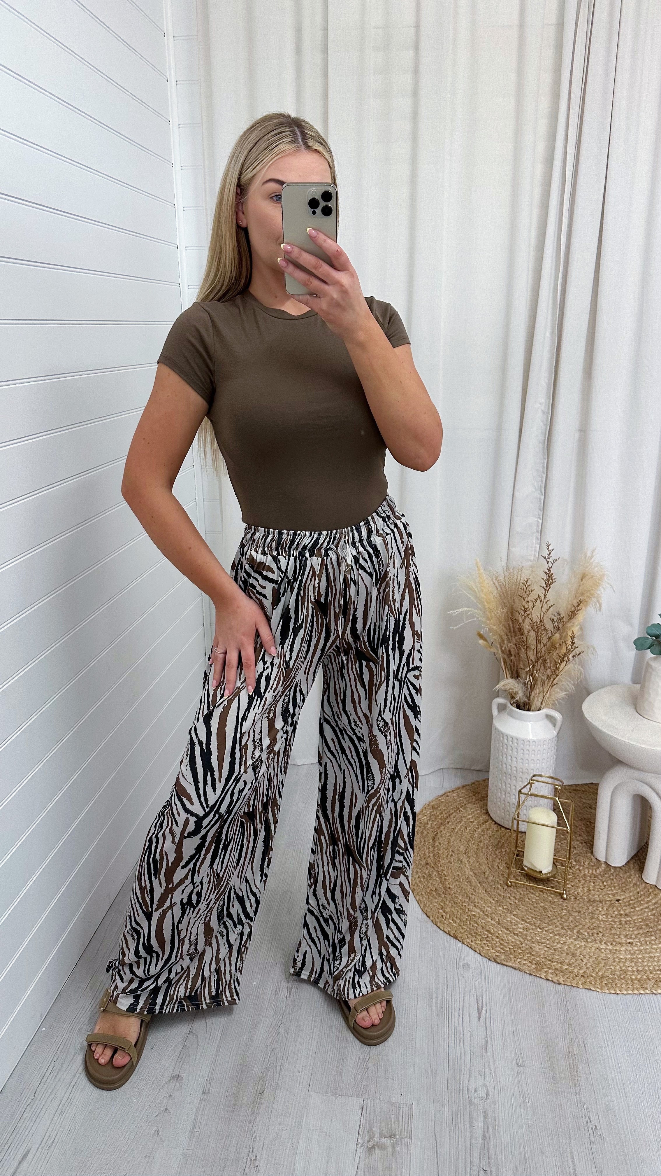 Stretchy Wide Leg Tiger Print Trousers
