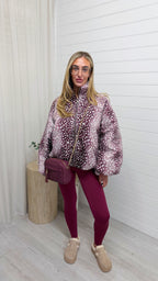 Deer Print Puffer Jacket - BURGUNDY