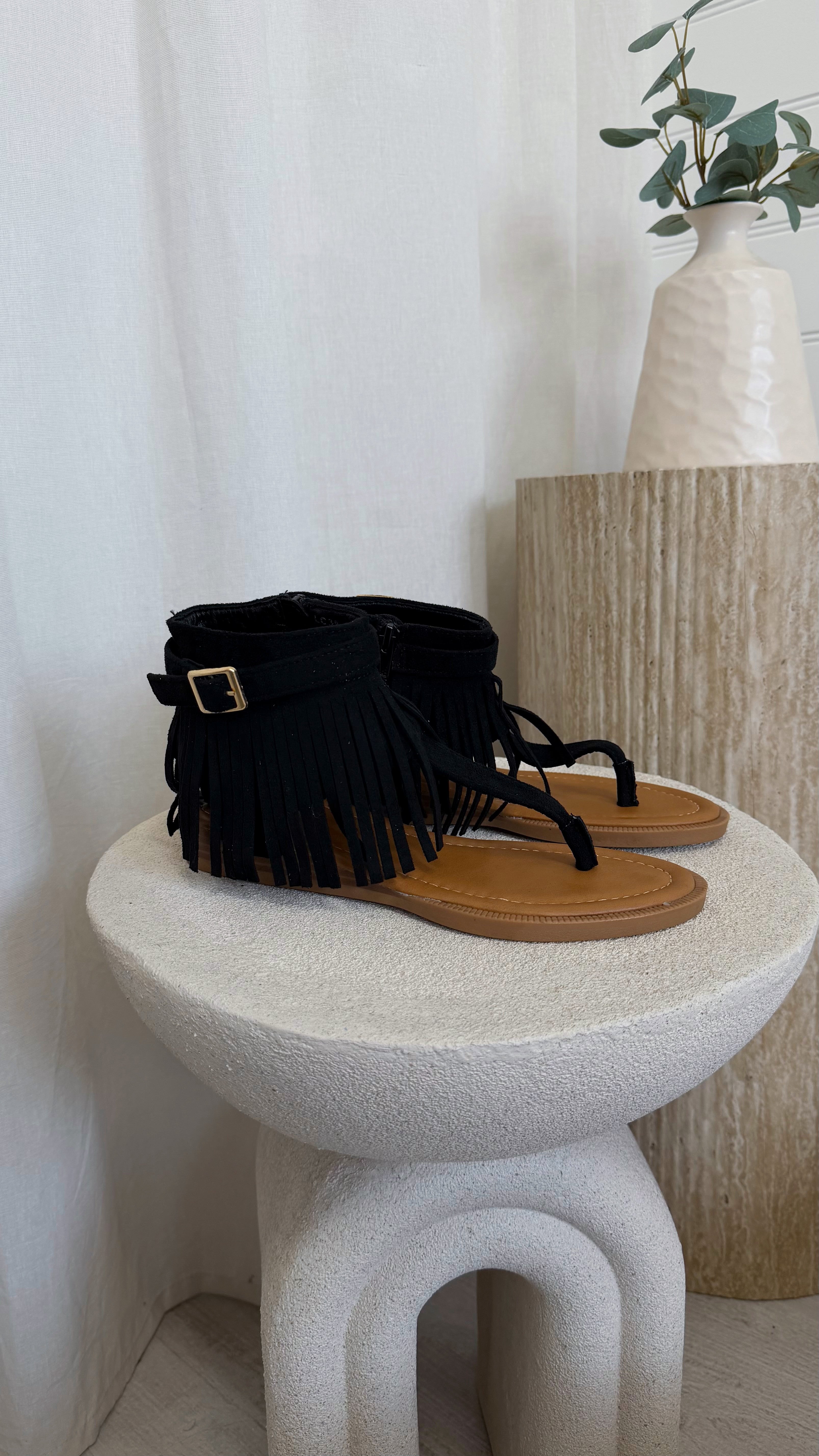 Fringle Ankle Sandals - BLACK