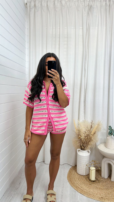 Stripey Knitted Cardigan and Mini Shorts Co-Ord - PINK
