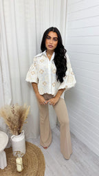Seam Front Flared Slim Fit Trousers - BEIGE