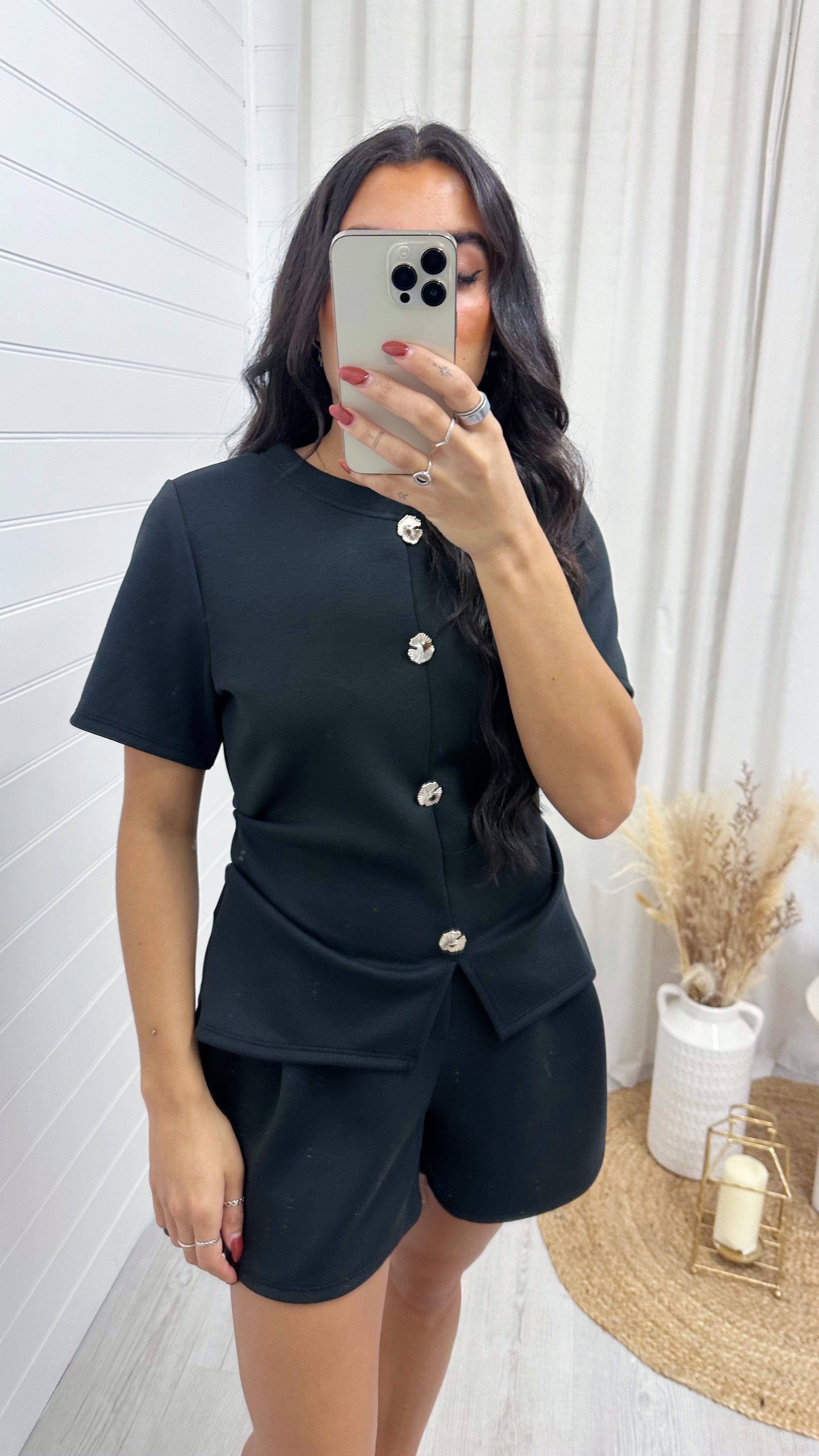 Cinched Gold Button Top and Shorts Co-Ord - BLACK