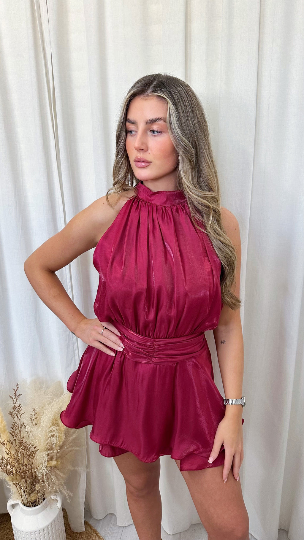 Chiffon High Neck Ruffle Hem Playsuit - WINE