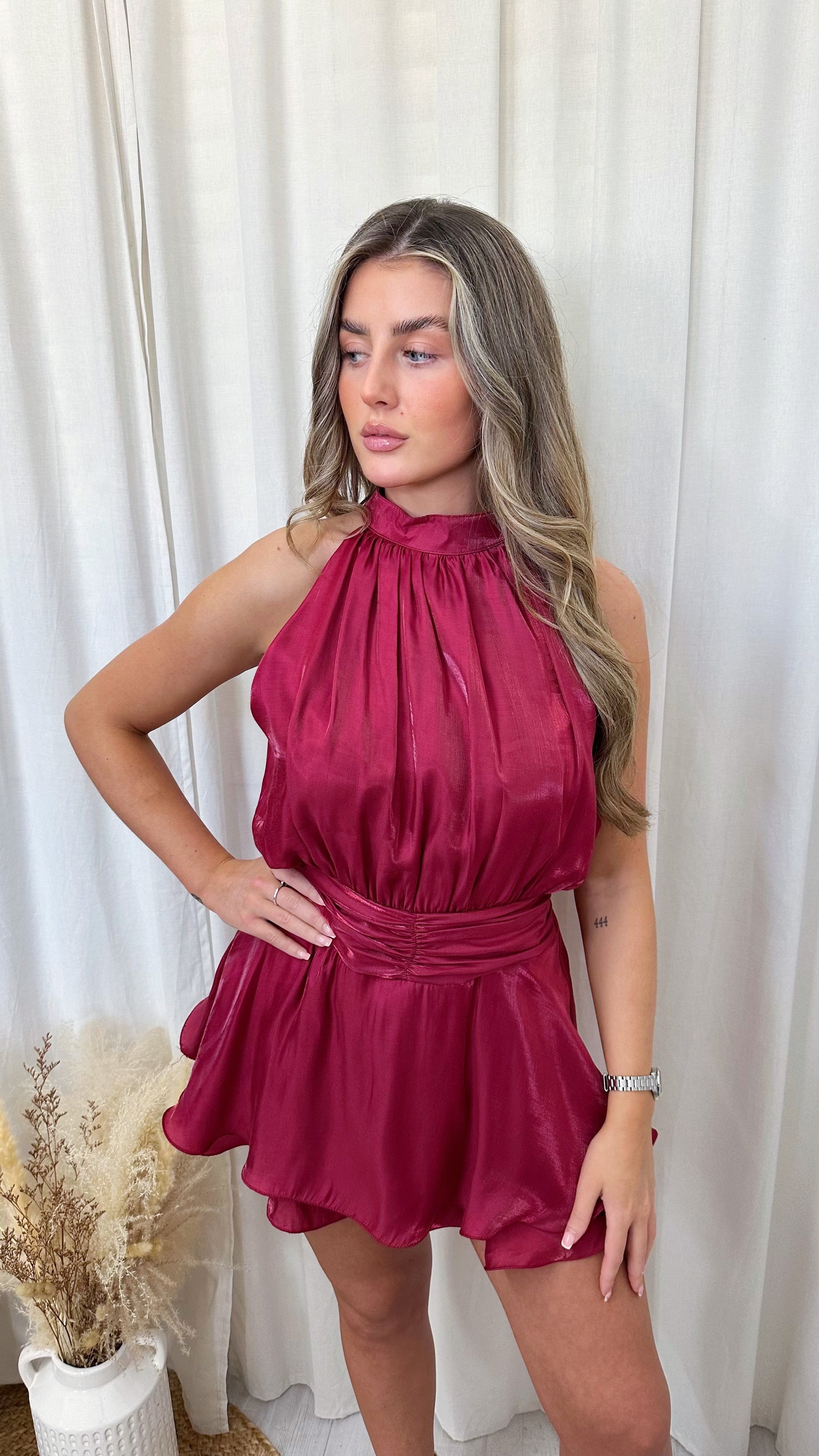Chiffon High Neck Ruffle Hem Playsuit - WINE