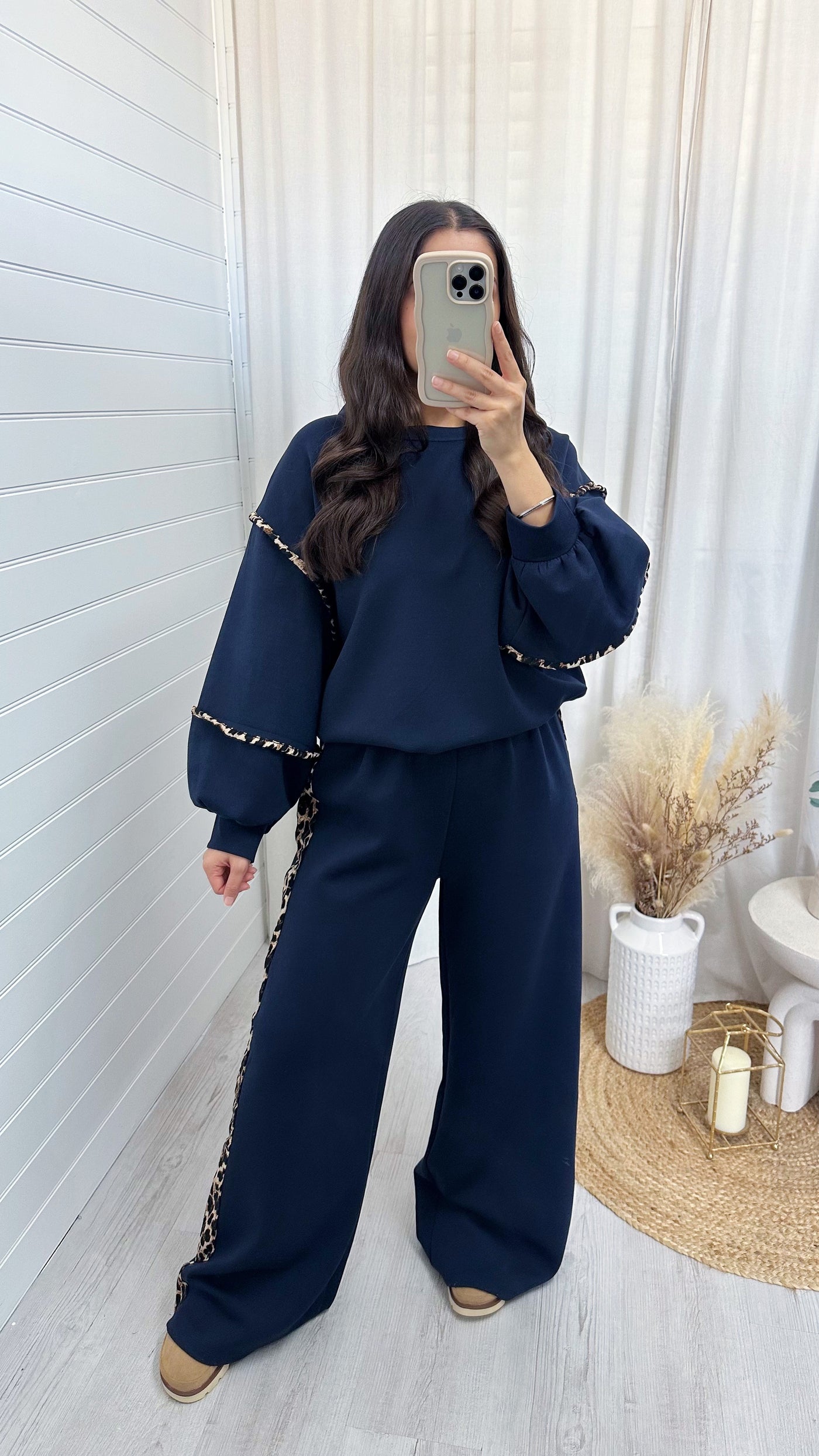 Balloon Sleeve Leopard Trim Sweatshirt and Wide Joggers Co-Ord - NAVY