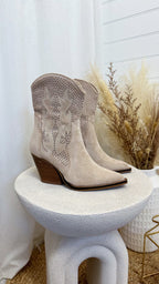 Laser Cut Embroidered Cowboy Boots - BEIGE