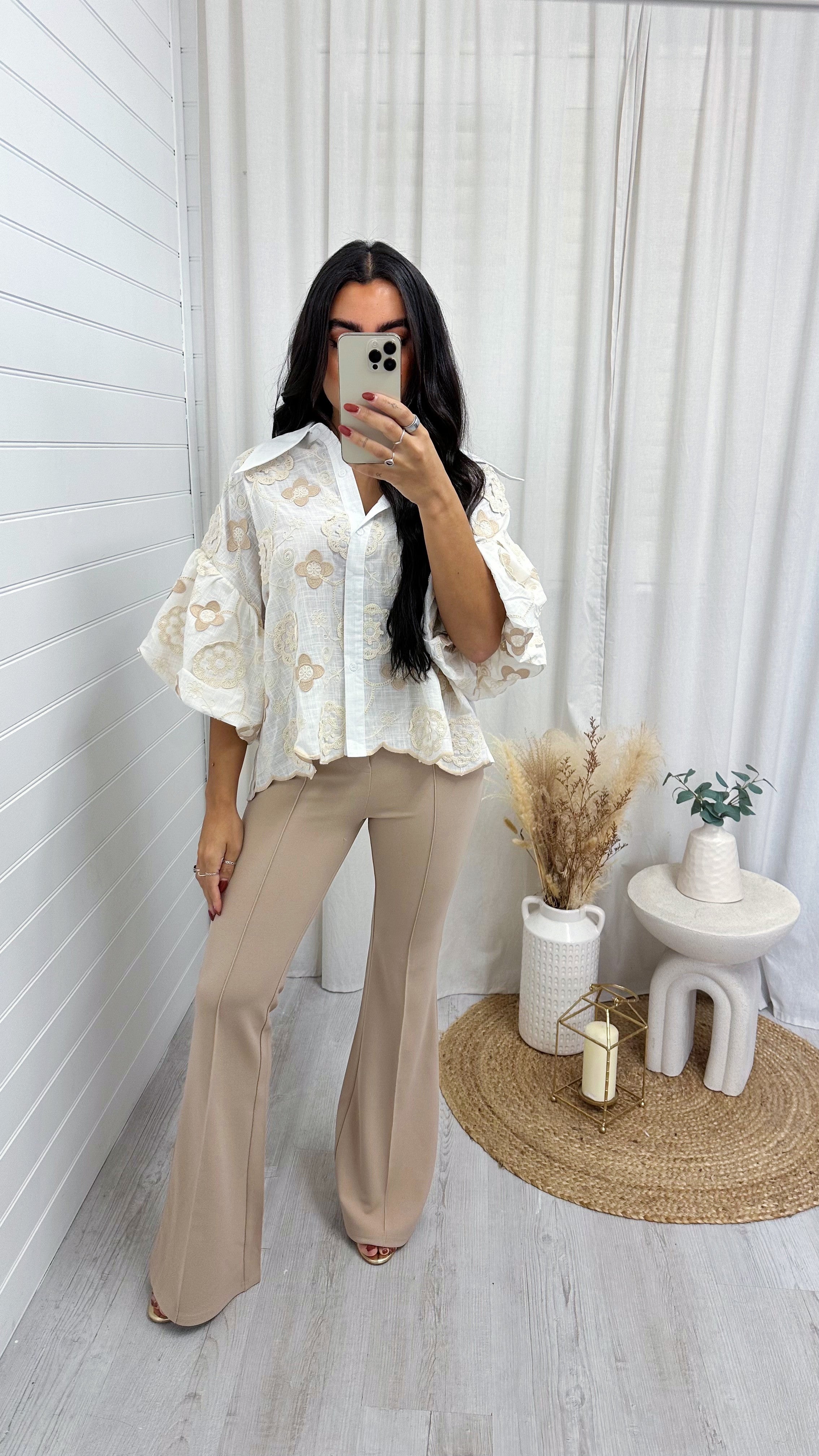 Seam Front Flared Slim Fit Trousers - BEIGE