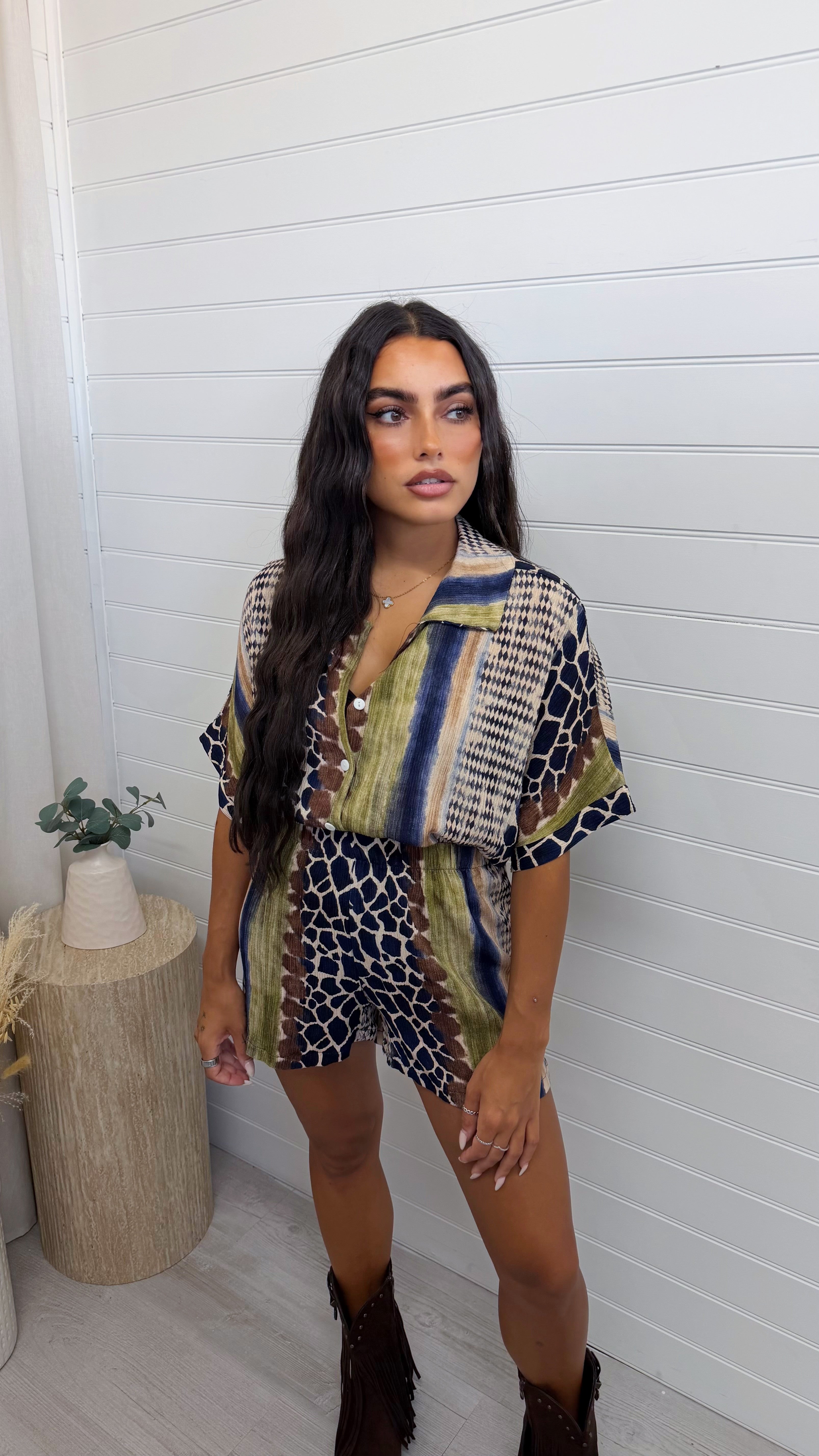 Reptile Print Crop Shirt and Shorts Co-Ord - NAVY