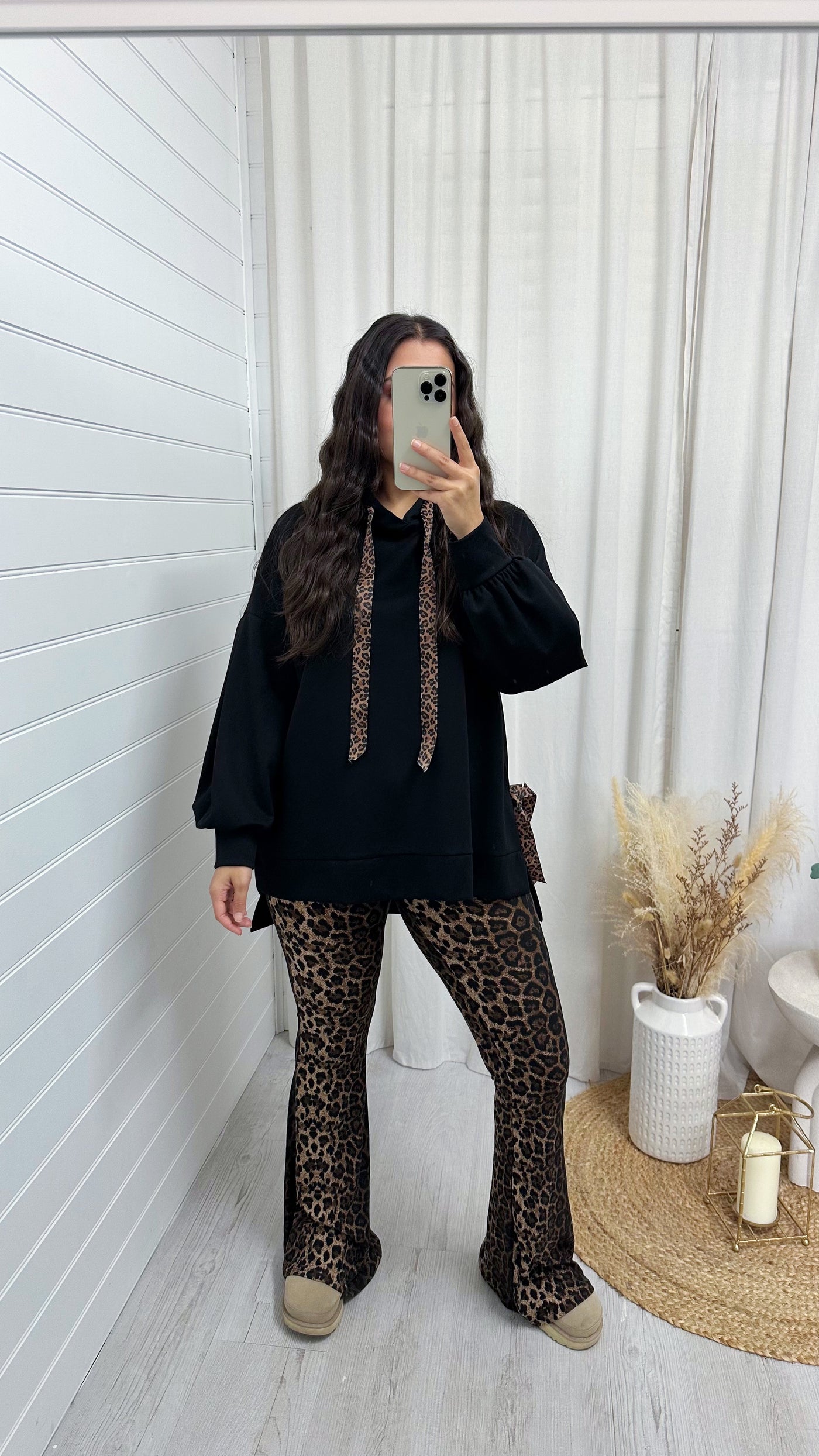 Leopard Print Ribbon Side Slit Hoodie - BLACK