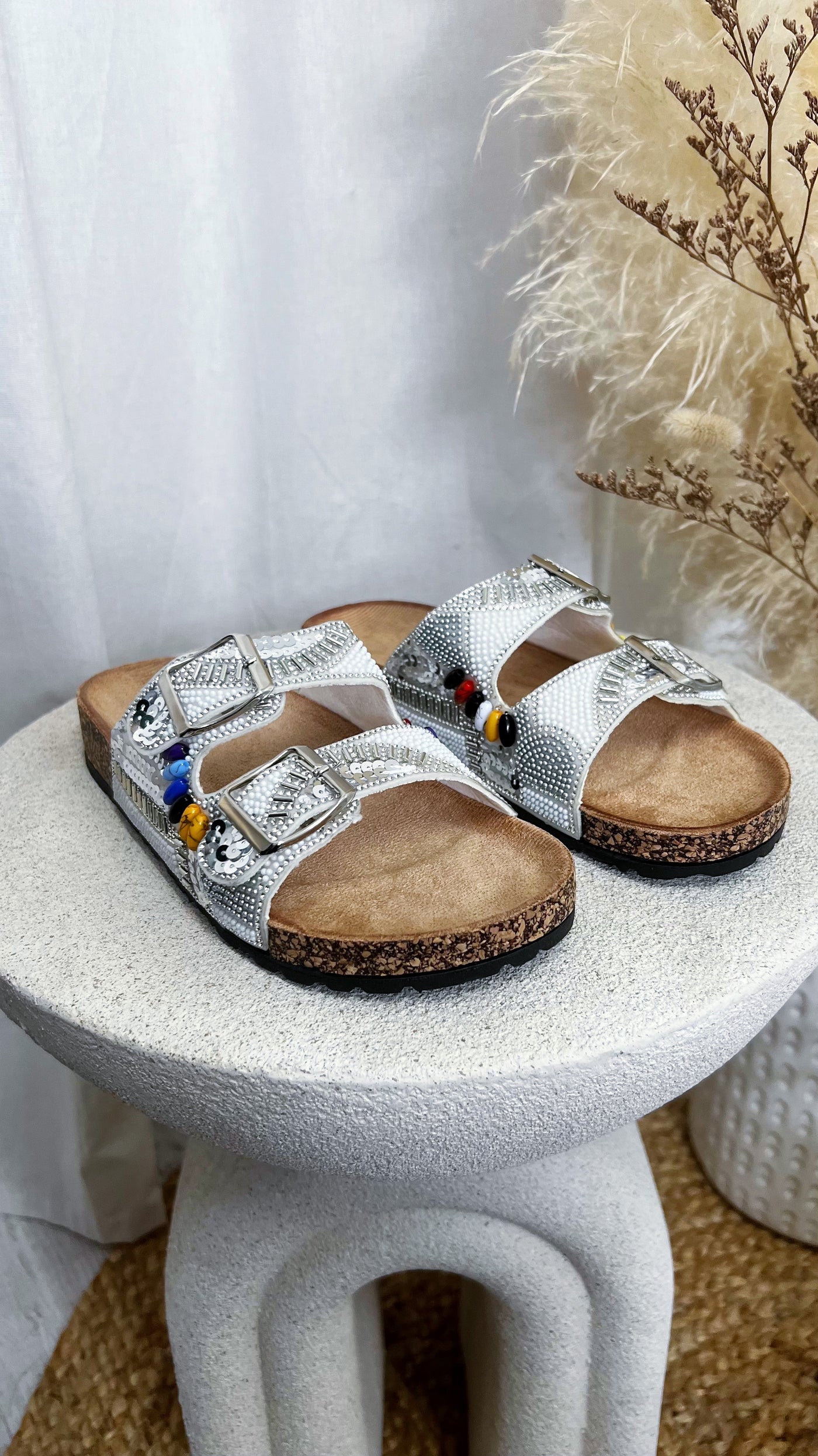 Boho Beaded Silver Buckle Sliders - WHITE