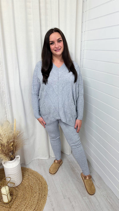 PLUS V Neck Knitted Jumper and Leggings Co-Ord - GREY