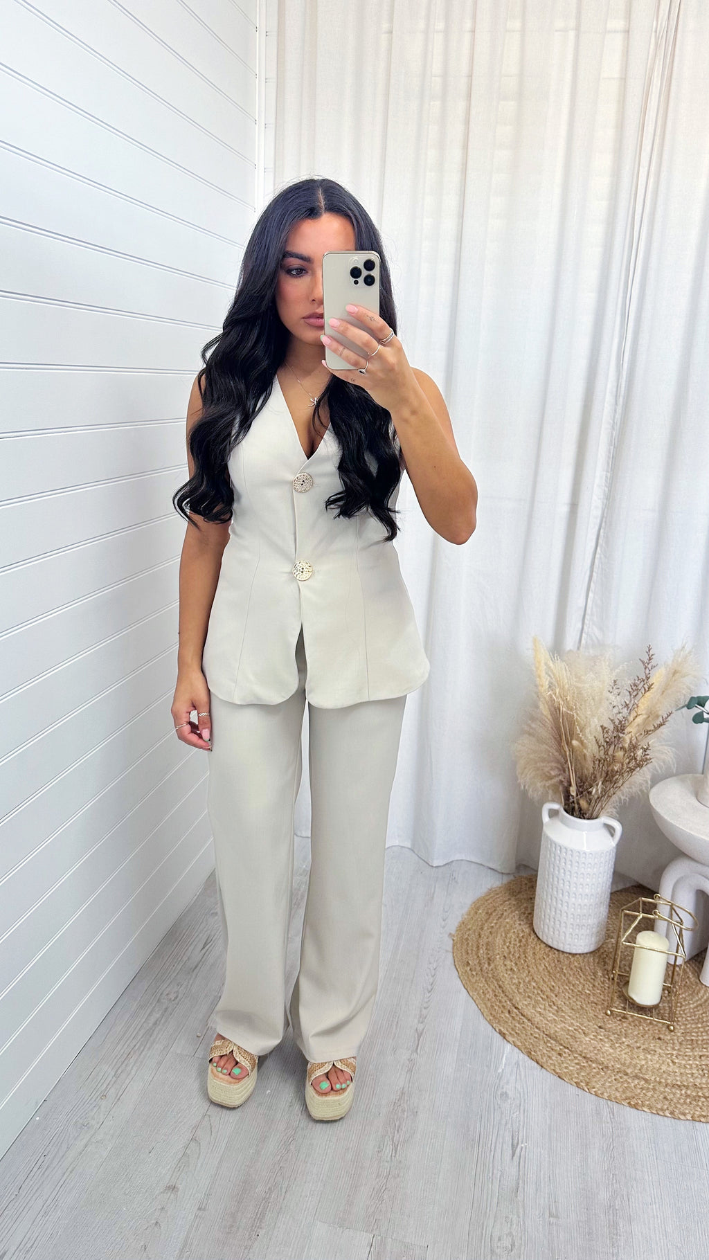 Tailored Gold Button Waistcoat and Trousers Co-Ord - BEIGE