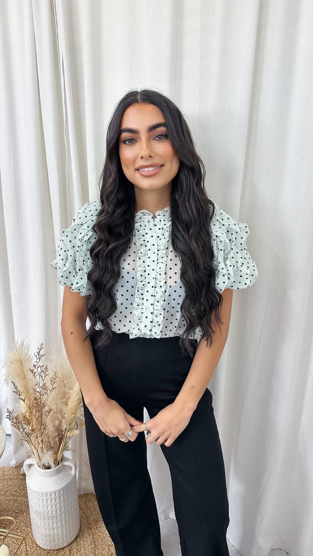 Frilly Sheer Polka Blouse - MINT