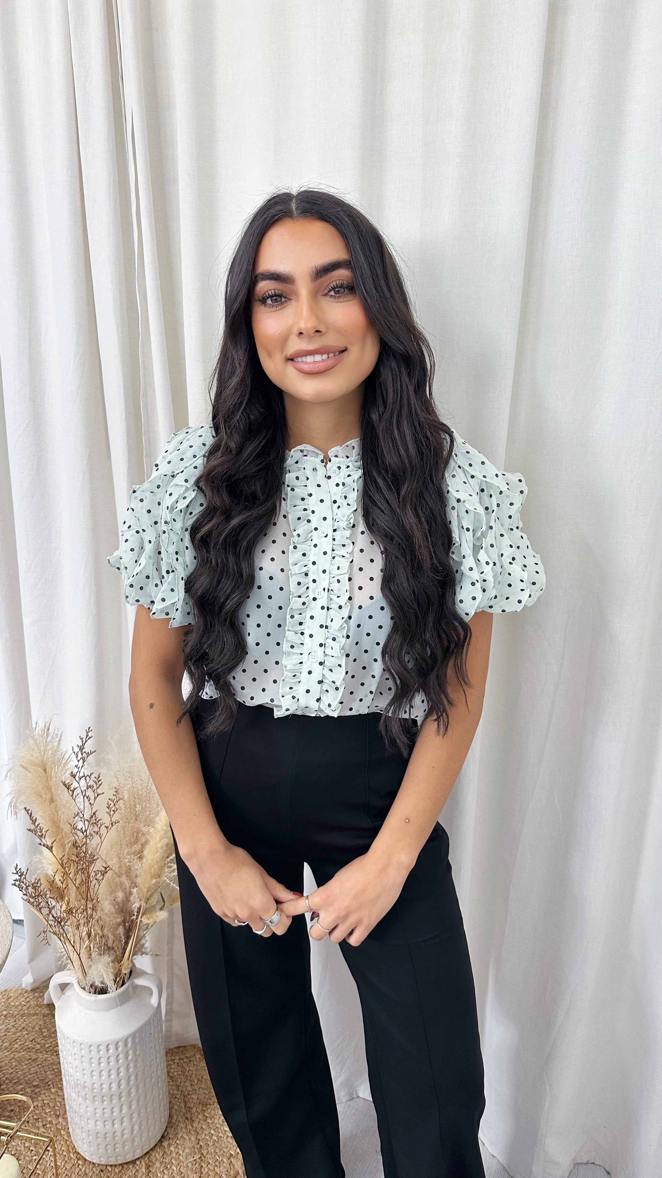 Frilly Sheer Polka Blouse - MINT