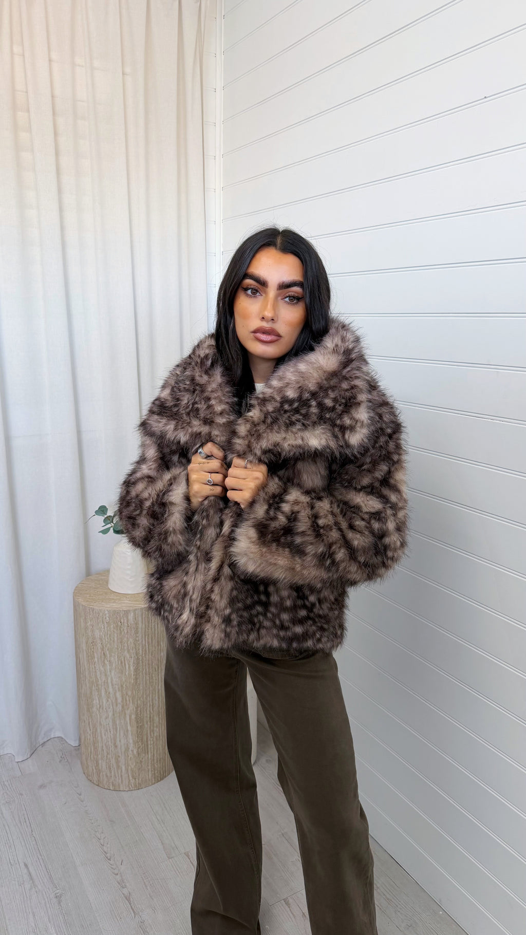 Fluffy Faux Fur Deer Print Coat - TAUPE