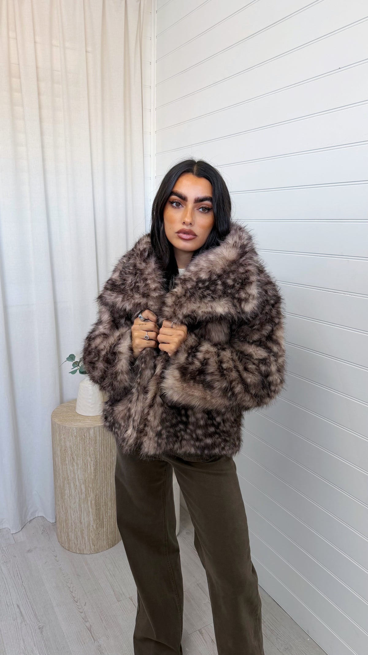 Fluffy Faux Fur Deer Print Coat - TAUPE