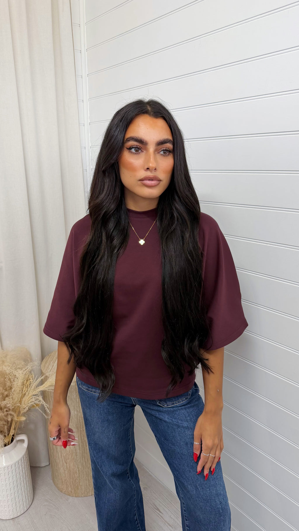 Box Sleeve Soft Cotton T-Shirt - BURGUNDY