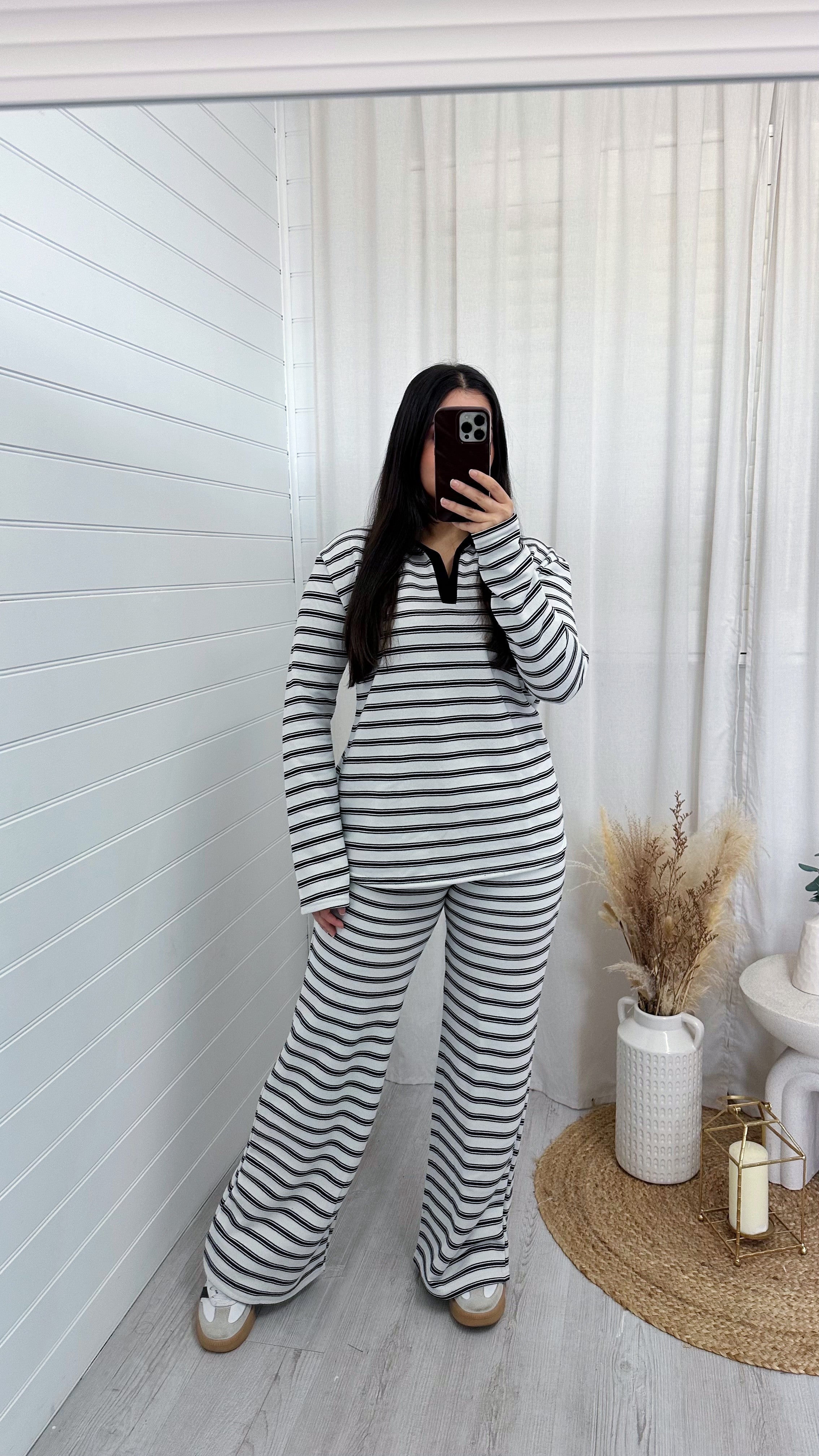 Chunky Stripe Rugby Sweatshirt and Trousers Co-Ord - WHITE