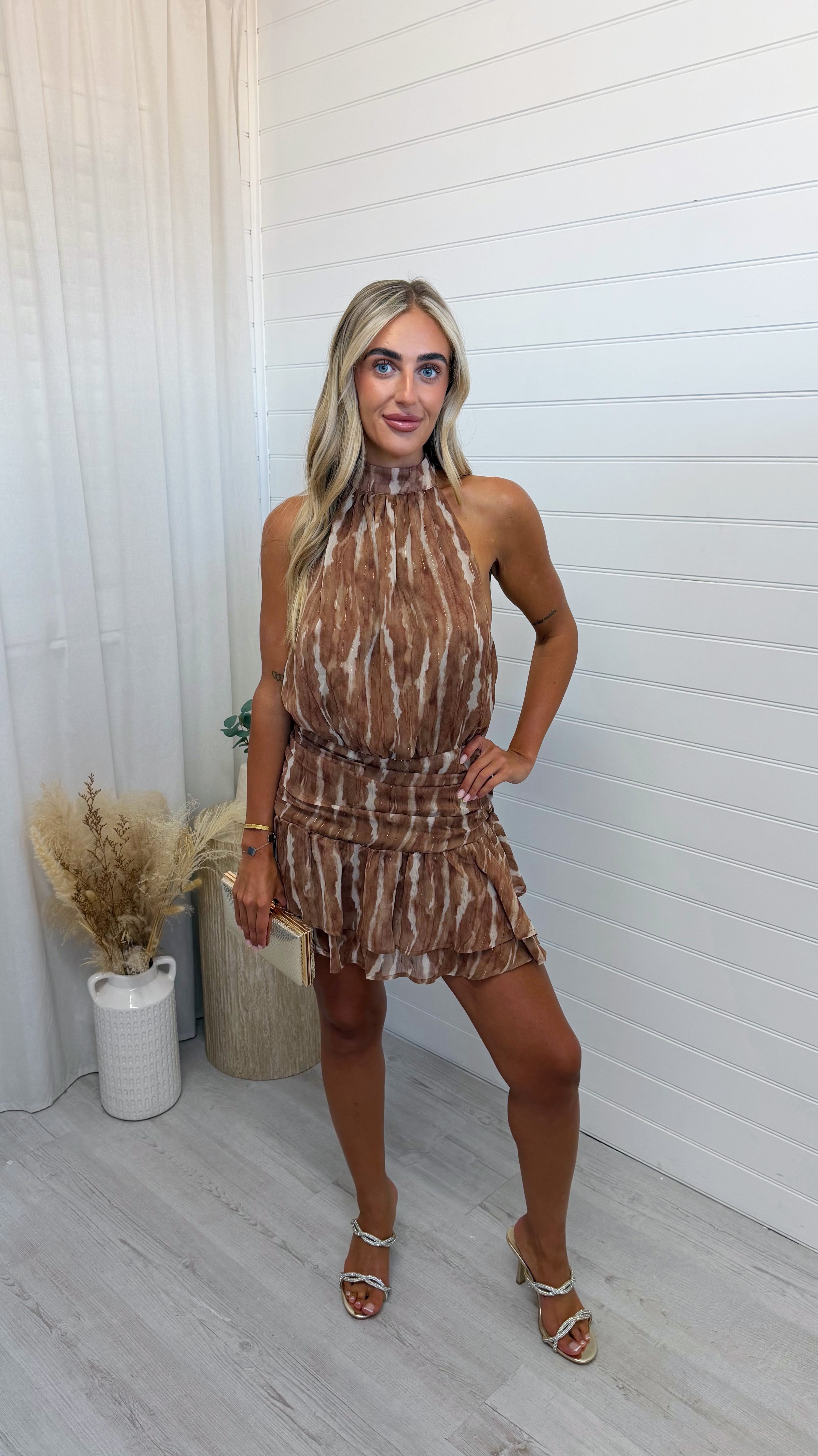 Halter Neck Ruched Playsuit - TAN