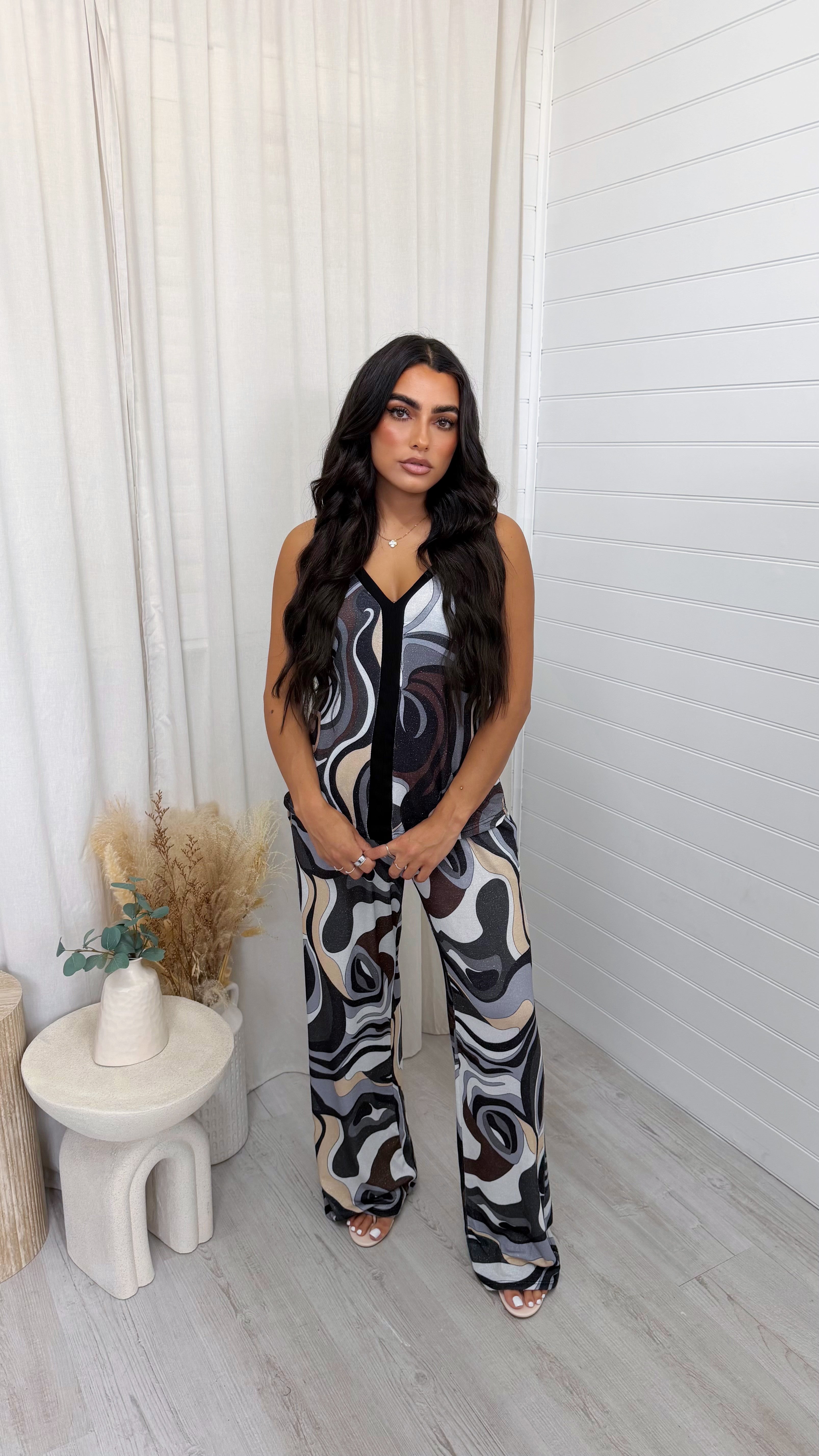 Shimmery Swirl Vest Top and Trousers Co-Ord - BLACK