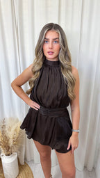 Chiffon High Neck Ruffle Hem Playsuit - BROWN