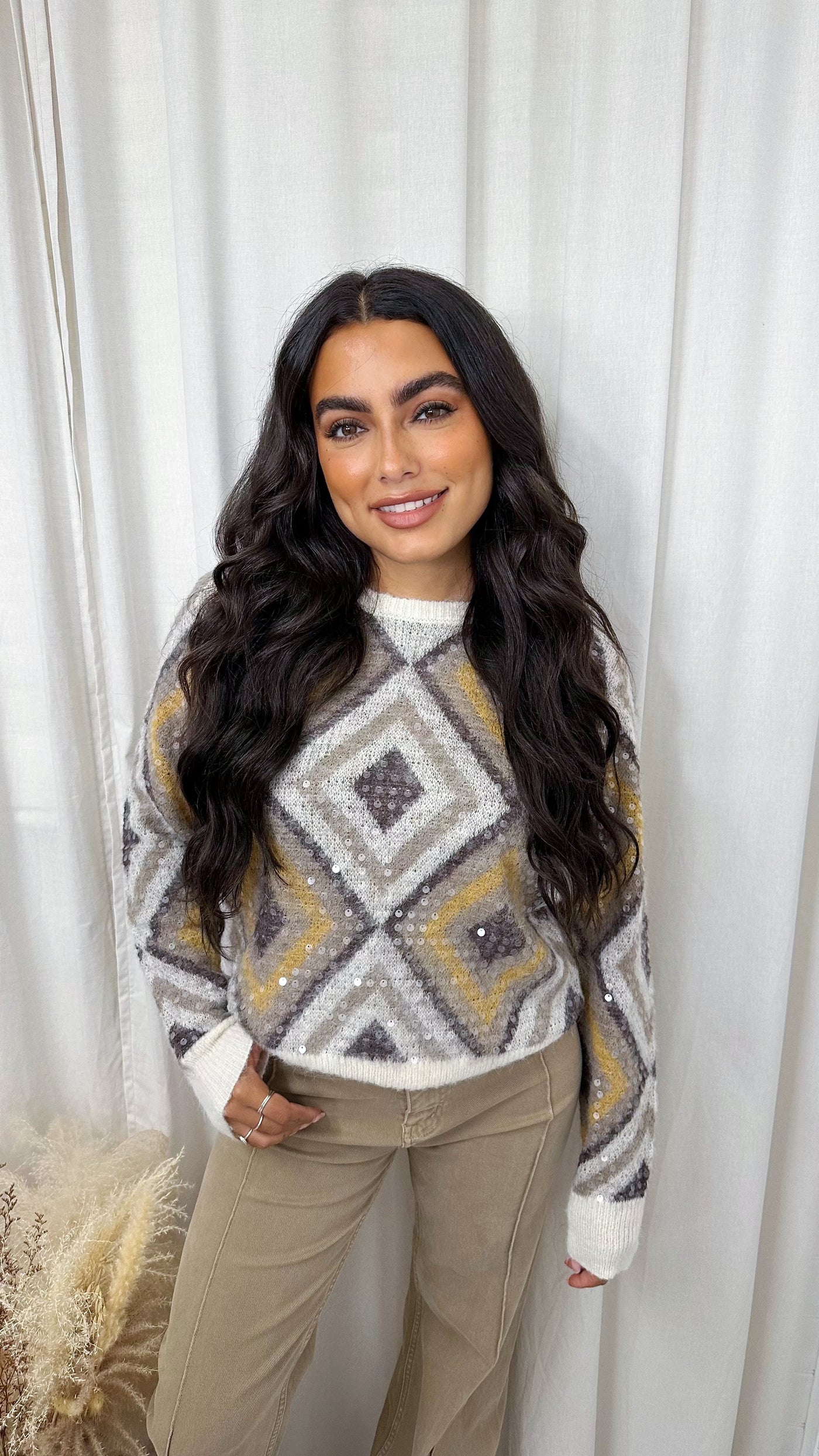 Sequin Diamond Print Woollen Jumper - BEIGE