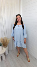Bardot Pinstripe Summer Dress - LIGHT BLUE