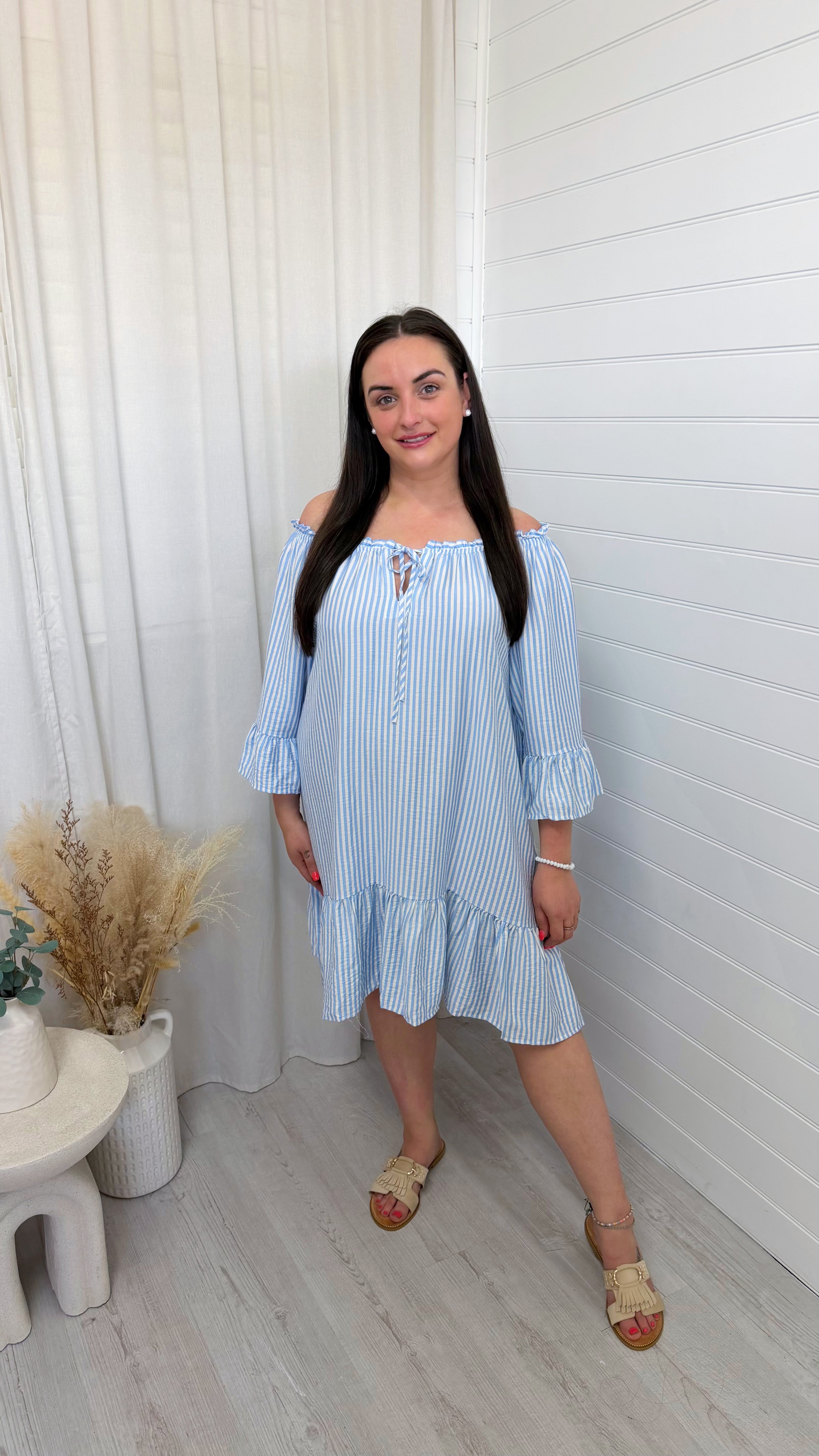 Bardot Pinstripe Summer Dress - LIGHT BLUE