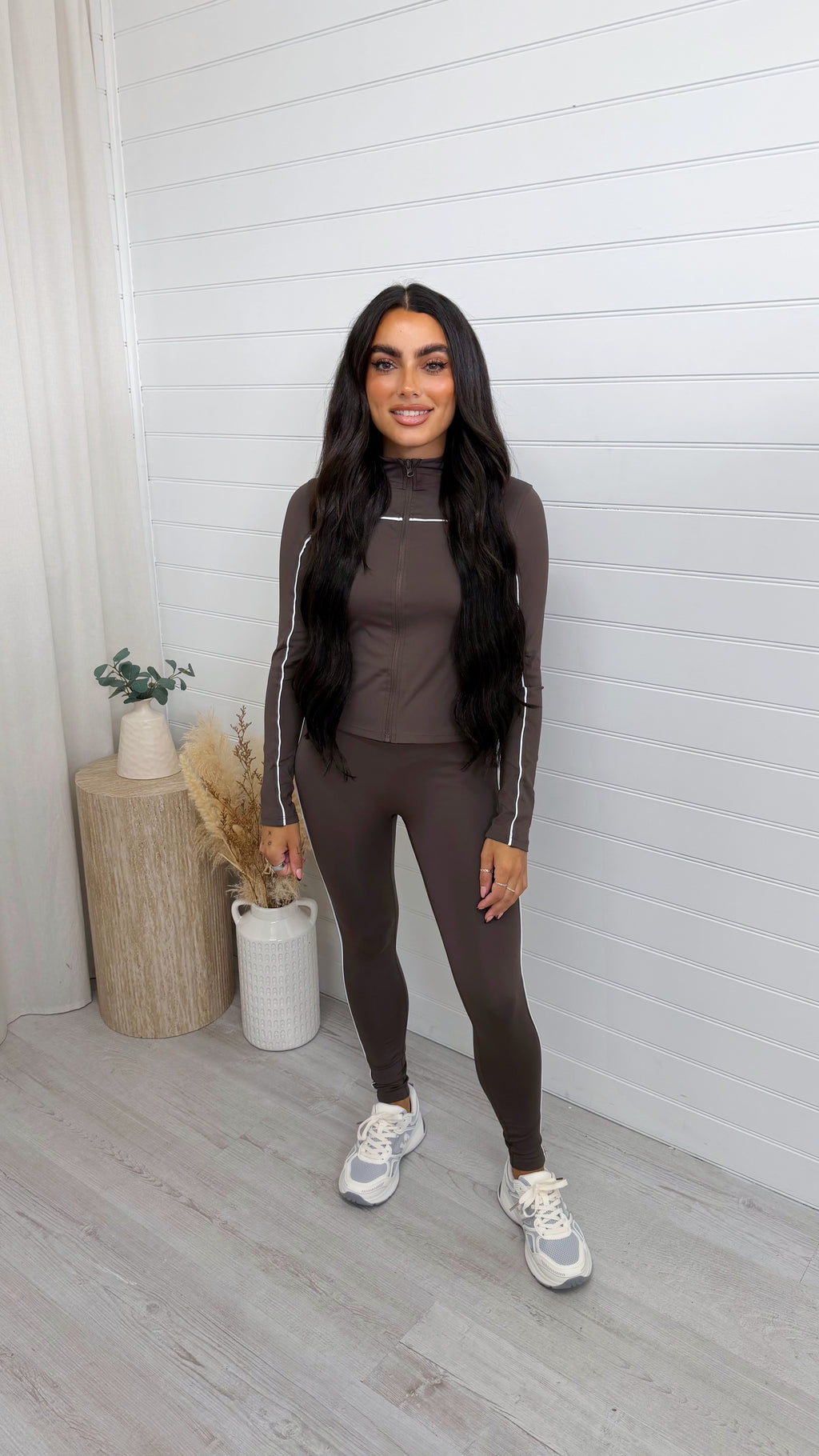 Piped Jacket and Leggings Activewear Set - BROWN
