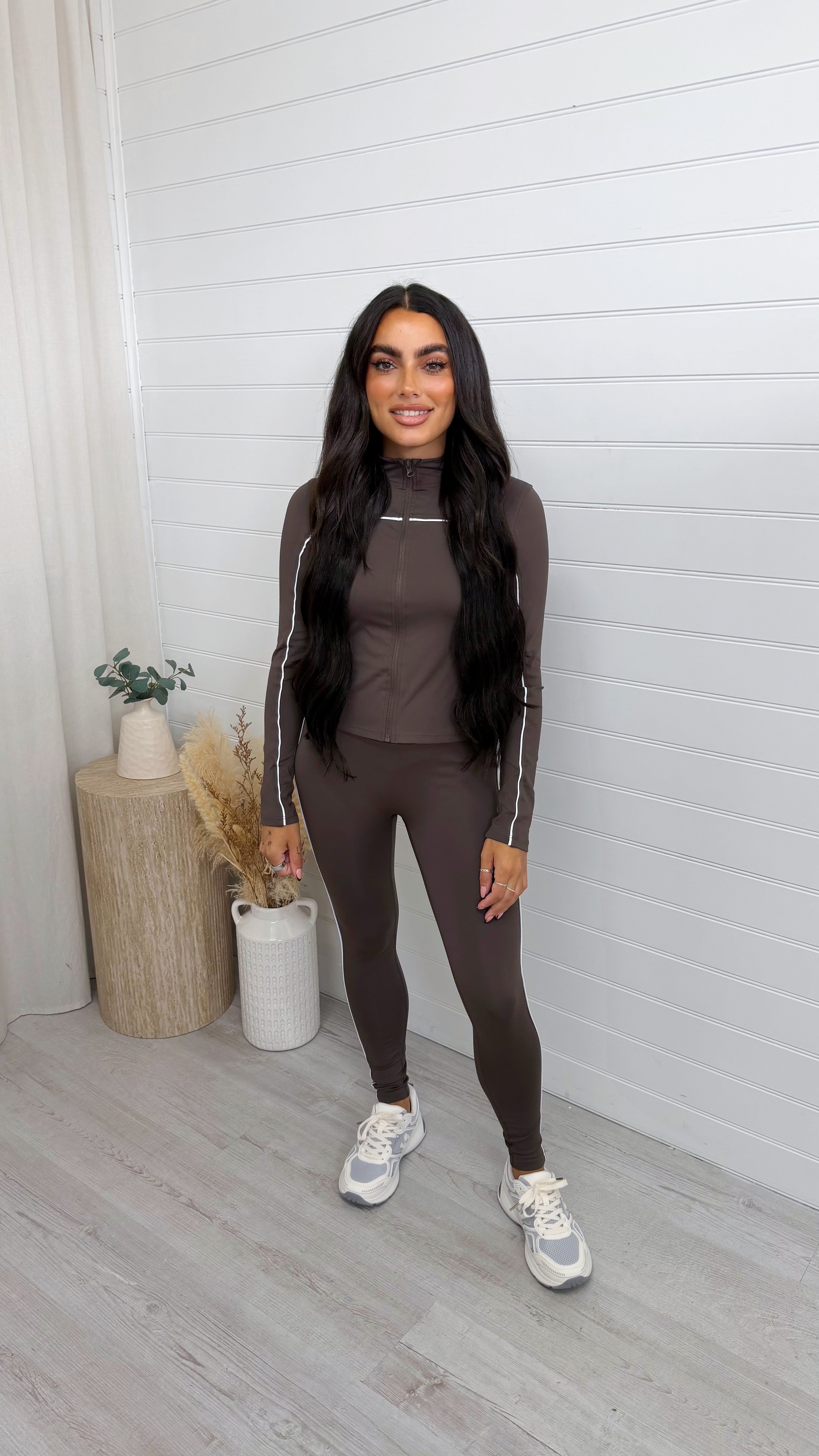 Piped Jacket and Leggings Activewear Set - BROWN