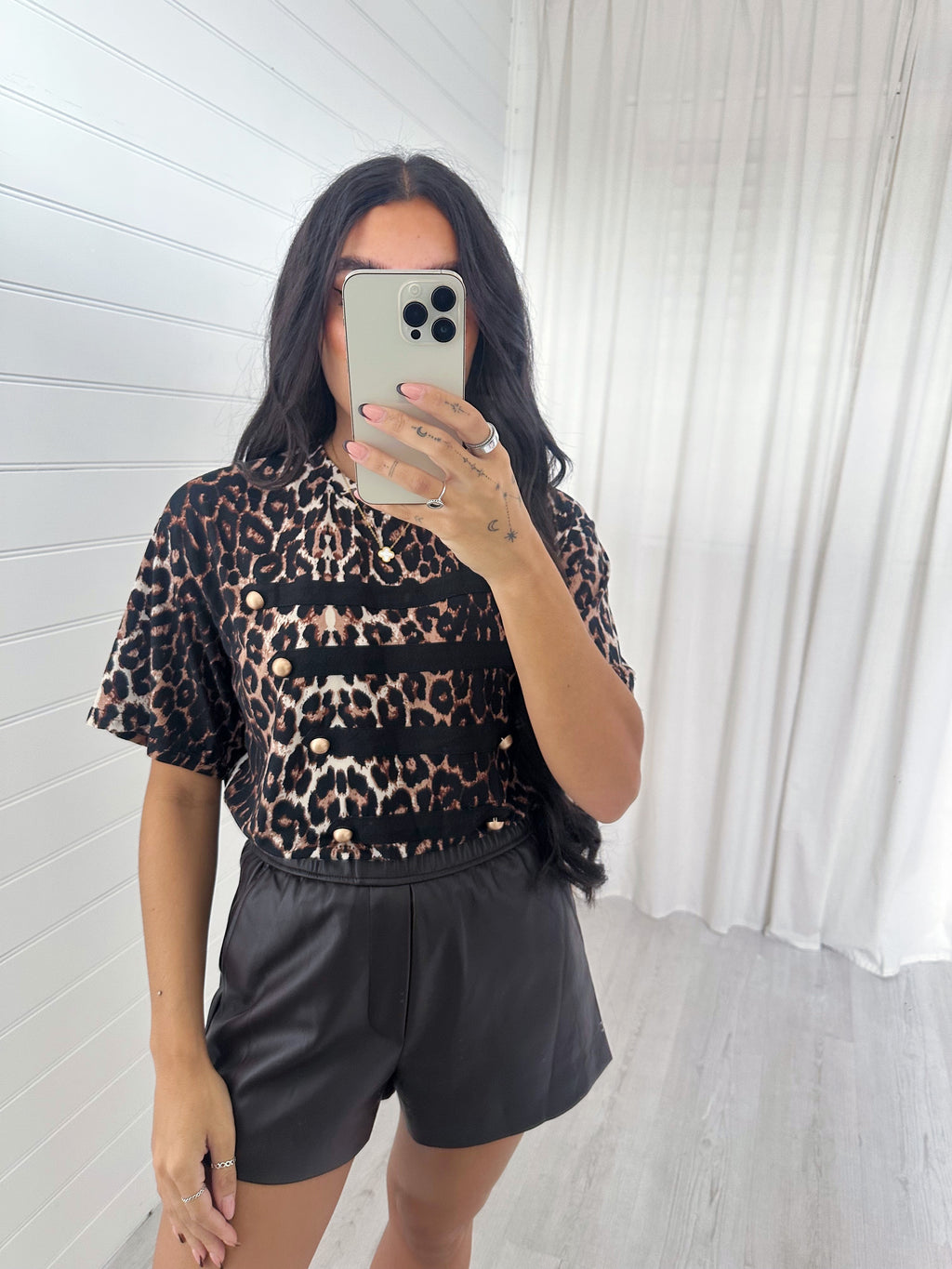 Leopard Print Button Front T-Shirt - BROWN/BLACK