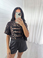 Leopard Print Button Front T-Shirt - BROWN/BLACK