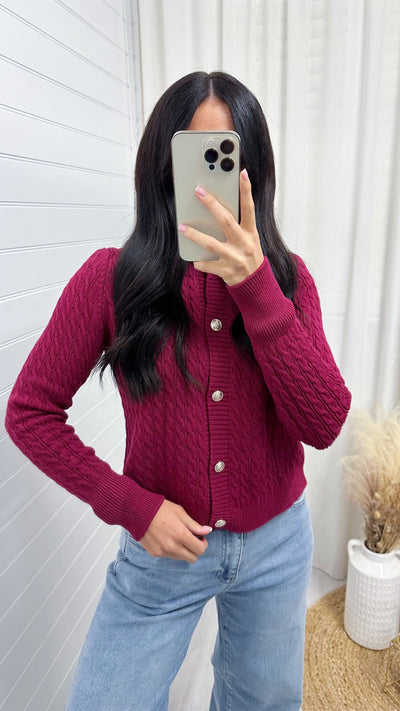 Long Sleeve Gold Button Cable Knit Cardigan - WINE