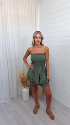 Shirred Bardot Frill Playsuit - KHAKI